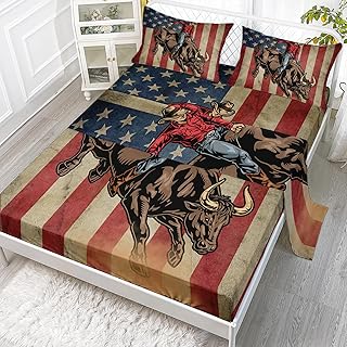 Axolotl Cowboy Sheet Set Full,Riding Bull Bedding Set,American Flag Fitted Sheets,Cowboys Cowgirls Bedding Set Retro Style for Kids Boys Teens Adults,1 Flat Sheet 1 Fitted Sheet 2 Pillowcases