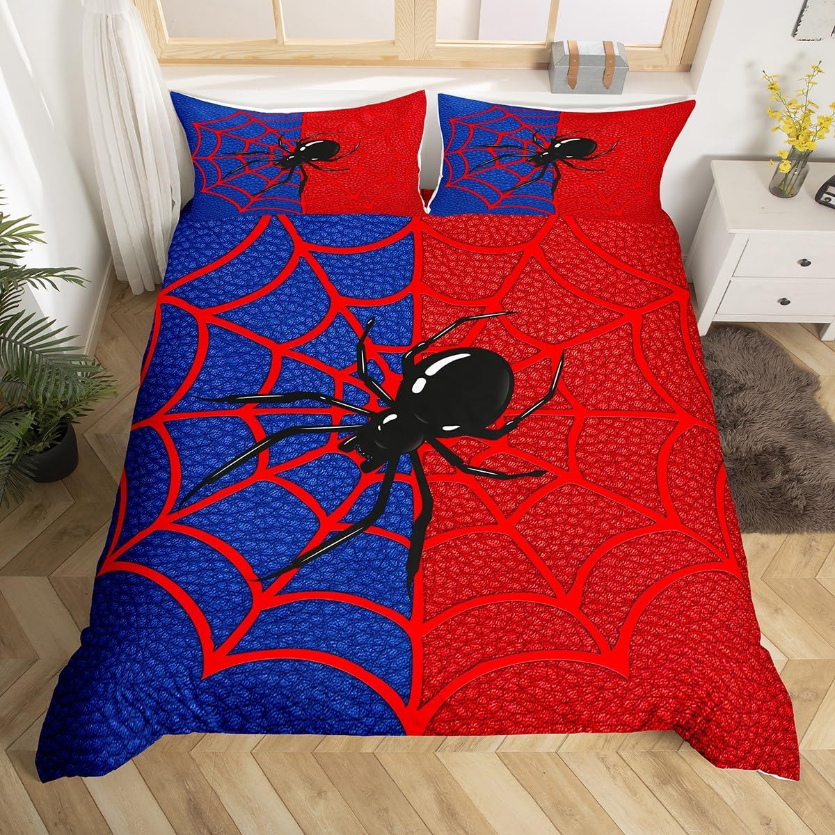 Red Spider Web Kids Duvet Cover Set Full Size,Black Spider Arachnid Insect Animal Bedding Set,Boys Girls Women Men Room Decor,Halloween Gothic Trippy Noble Quilt Cover,2 Pillowcases(No Comforter)