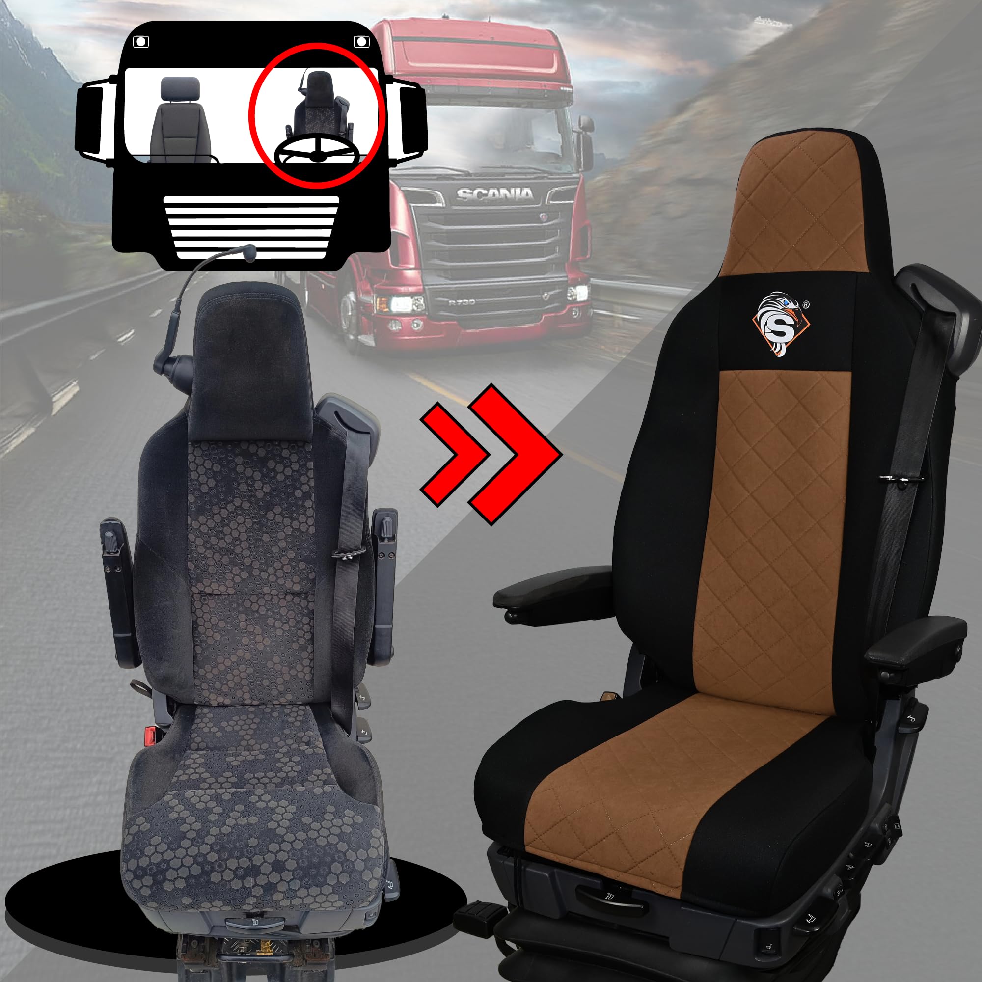 SABA Funda de Asiento para Scania Serie R Desde 2013, Serie S Desde 2017, Asientos Individuales, Asiento del Conductor Premium - CONFIGURACIÓN B Marrón Accesorios de protección