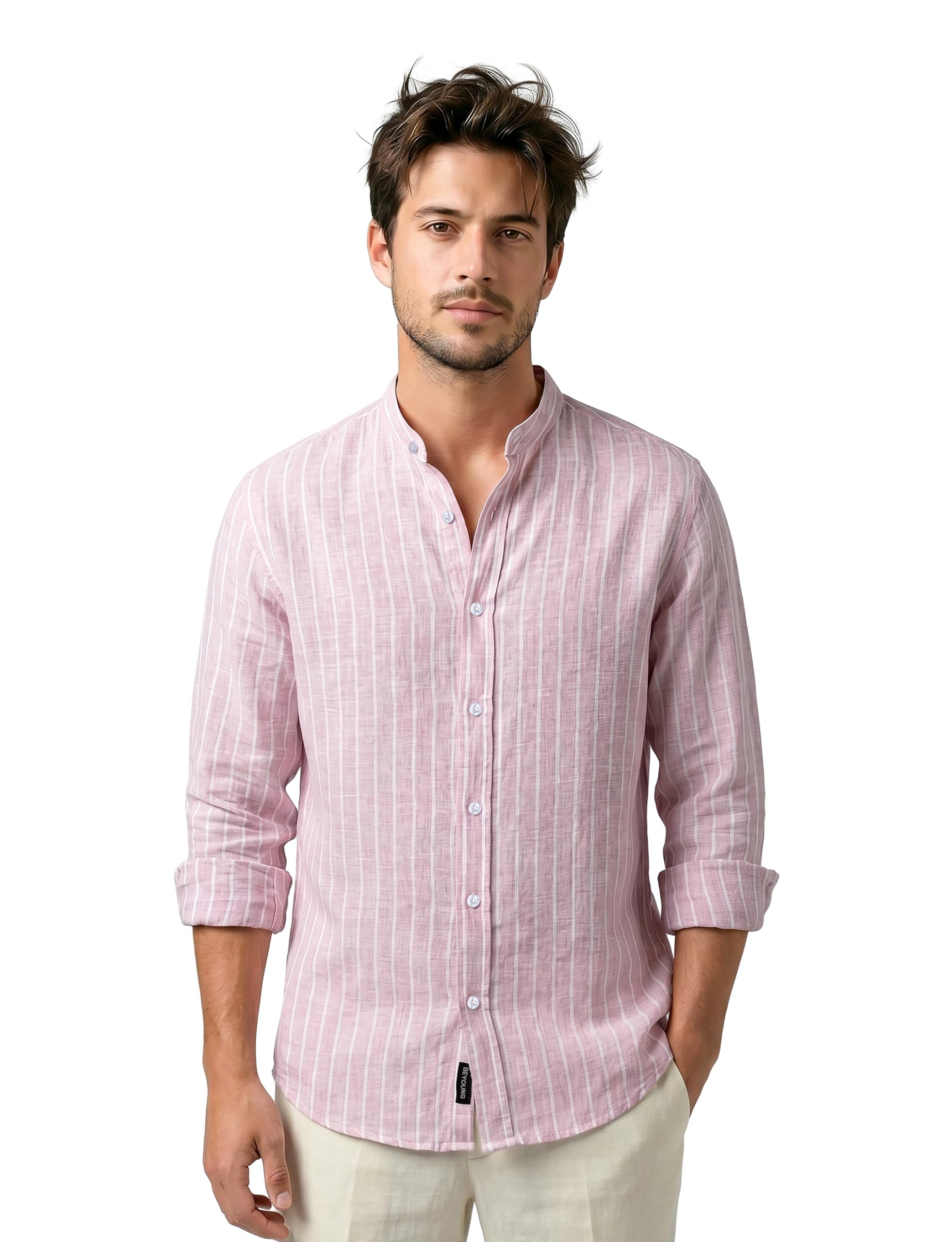 beyoung Linen Striped Shirt for Men | Chinese Stand Collar | Full Sleeve | Lightweight | Summer Shirt-picture-39