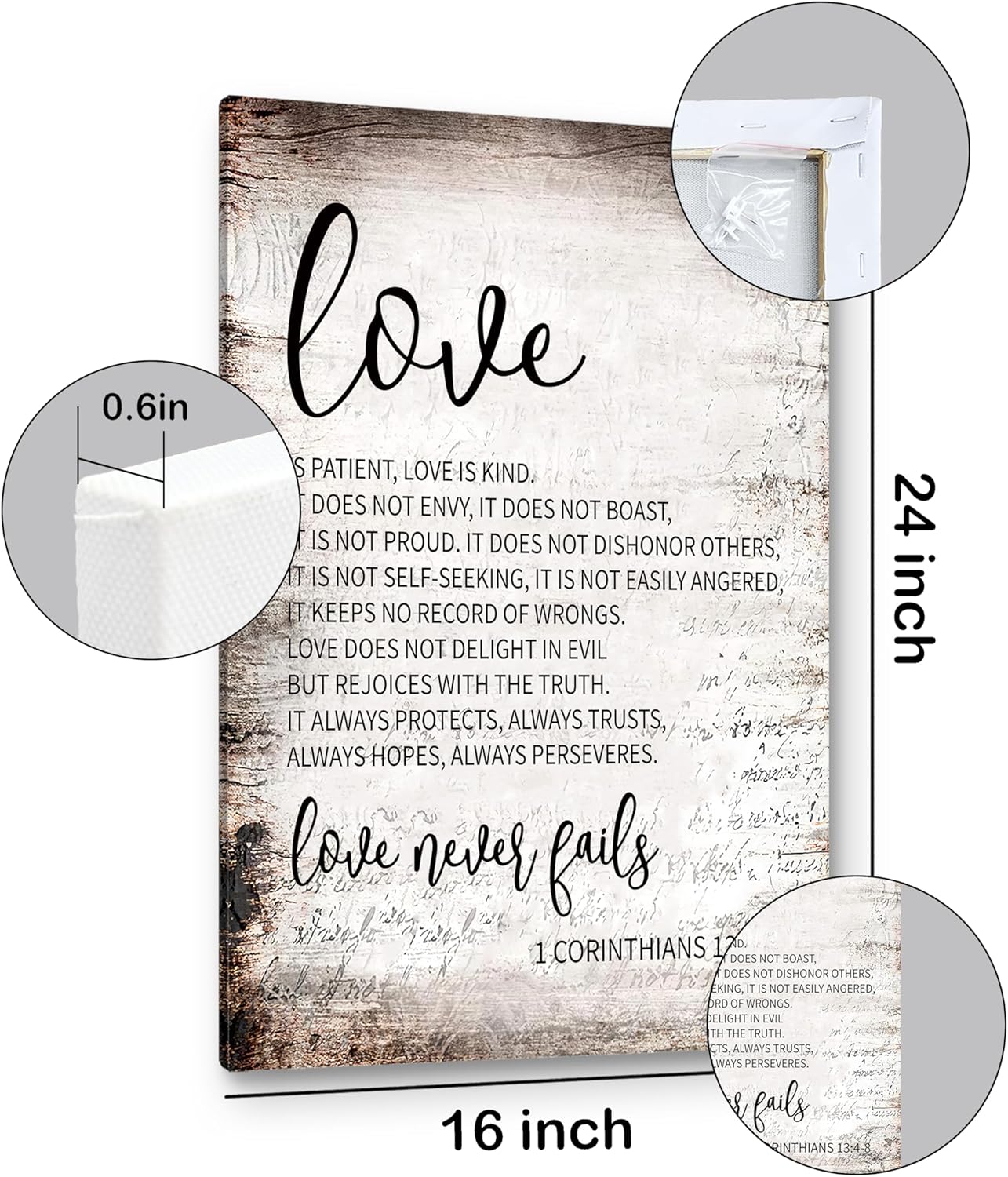 PHAMTE 1 Corinthians 13:4-8 Love Is Patient Love Is Kind Scripture Canvas Wall Art,Scripture Wall Art,Religious Christian Framed Canvas Painting Artwork Home Bathroom Room Office Decor（16x24 Inch