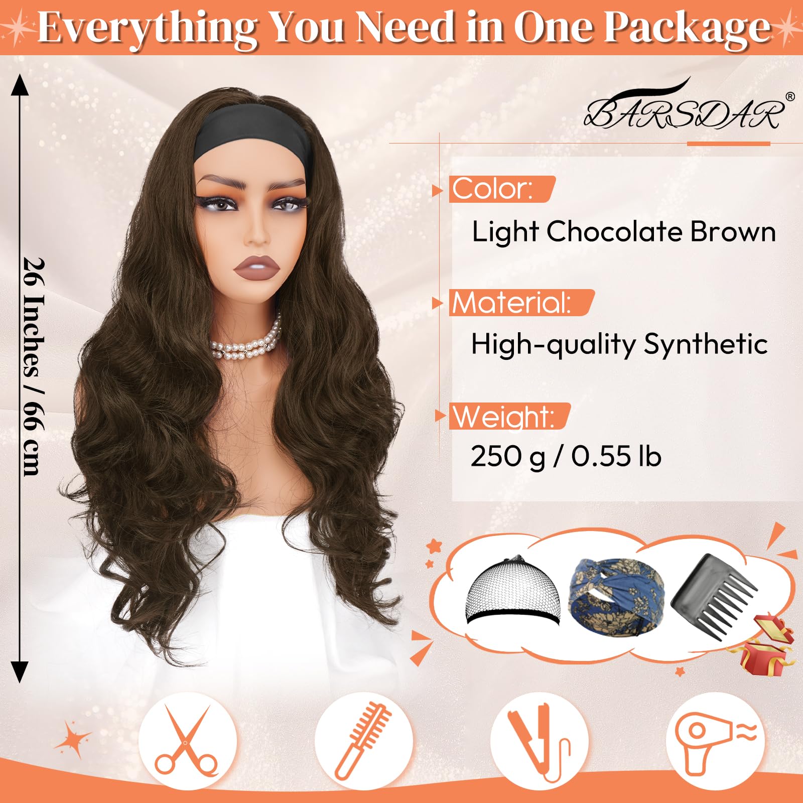 BARSDAR Ondulée Brun Clair Bandeau Perruque, 66cm Longue Body Ondulée Synthétique Headband Perruque pour Femme Hair Wig D'aspect Naturelle Glueless Easy Wear Cheveux Perruques