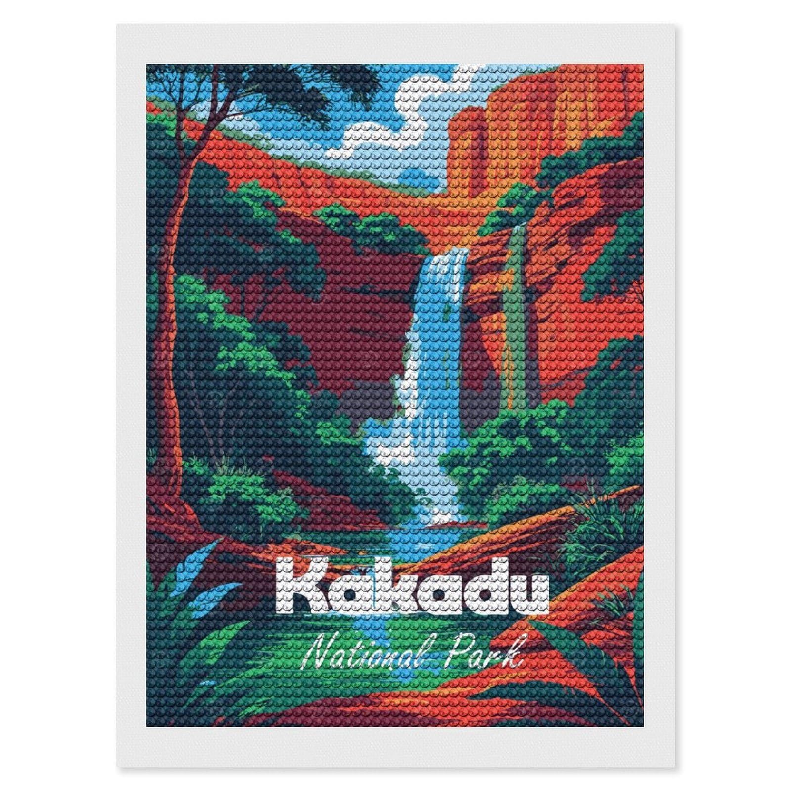 Junmoney Kakadu National Park Waterfall Illustration Diamond Painting Set 12"x16", Full Kit Included, Sparkling Round Gems, Farmhouse Decor, Festive Craft Gift