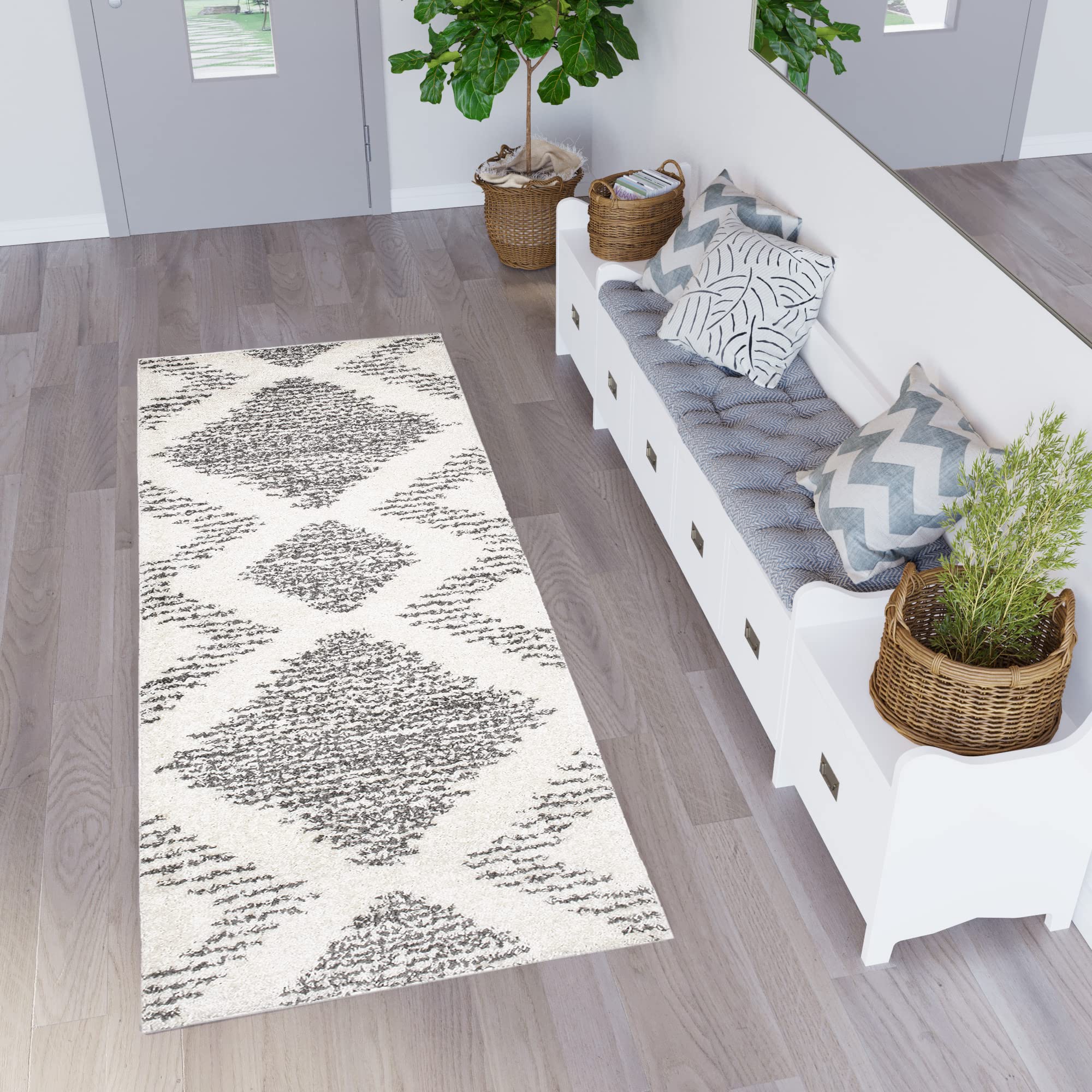 TAPISO Delhi Teppichläufer Hochflor Langflor Shaggy Creme Grau Modern Ethno Design Flauschig Wohnzimmer Schlafzimmer Flur Diele ÖKO-TEX 80 x 200 cm