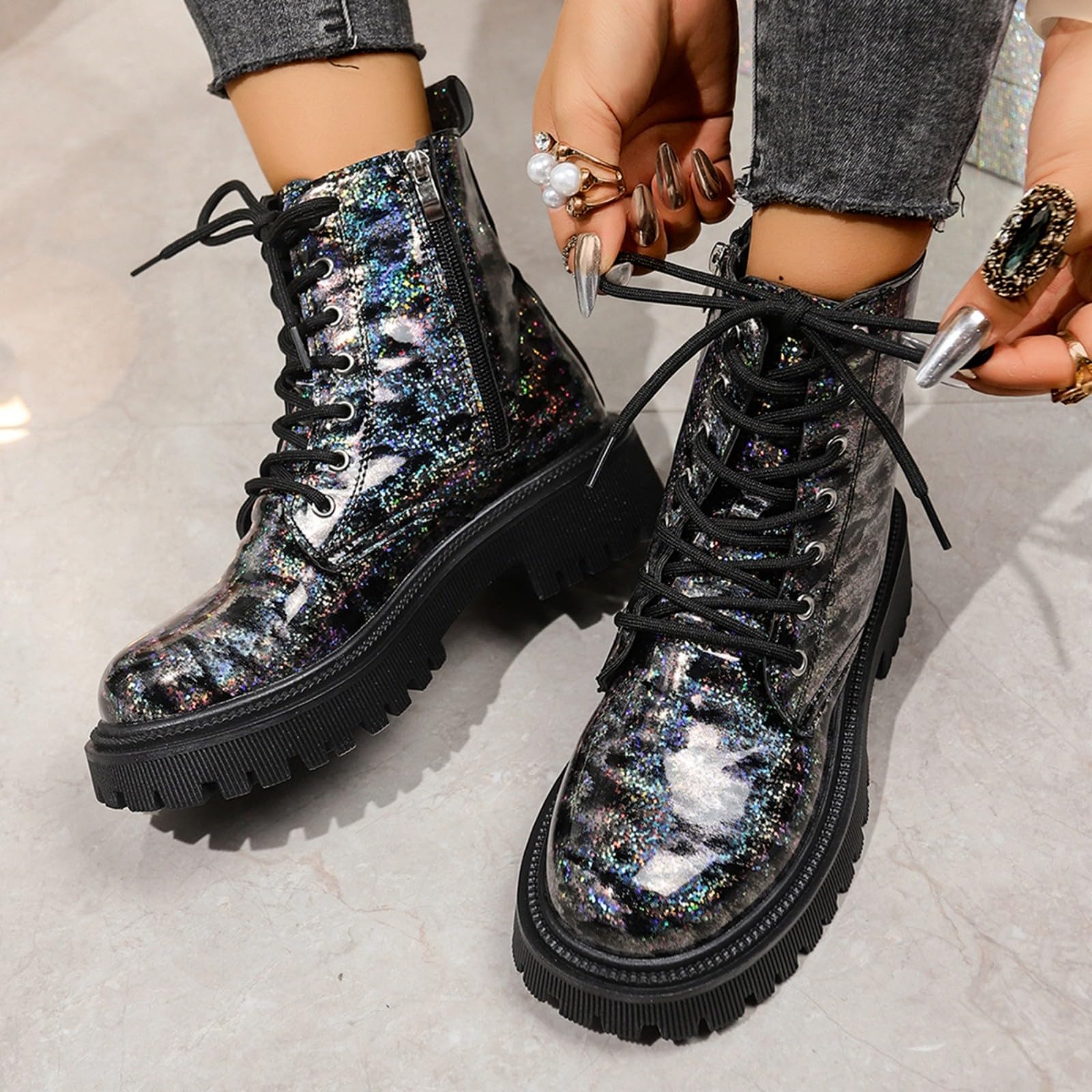 Genérico Botines Mujer Vestir Cordones Plataforma Botas Puntera Redonda Elegantes Zapatos Suaves y Cómodos Caminar Bota Informales Antideslizantes Botin para Vaqueros Vestidos Faldas y Uso Diario