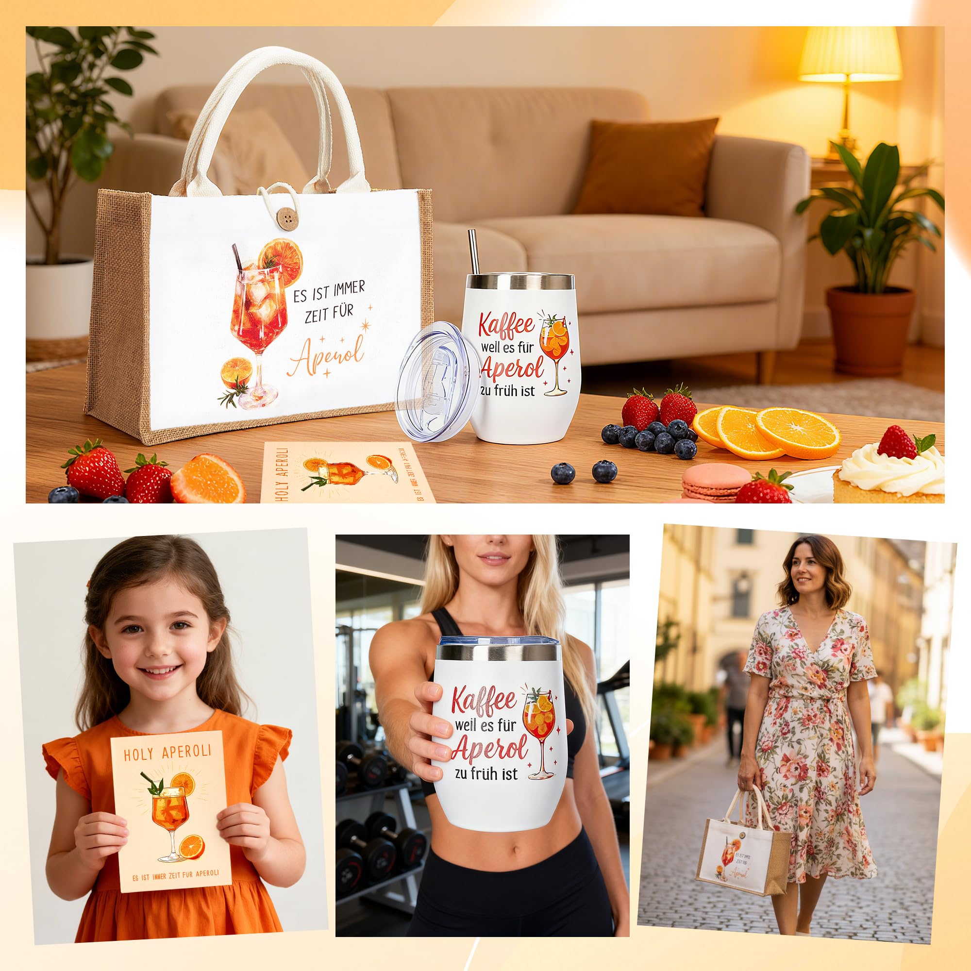 3-teiliges Spritz-Geschenkset für Apéro– Edelstahl Weinbecher 350 ml mit Deckel & Strohhalm, XXL Jute Strand-/Geschenktasche 32×22×13 cm, Premium Geburtstagskarte – Sommer, Party, Freundin, Damen
