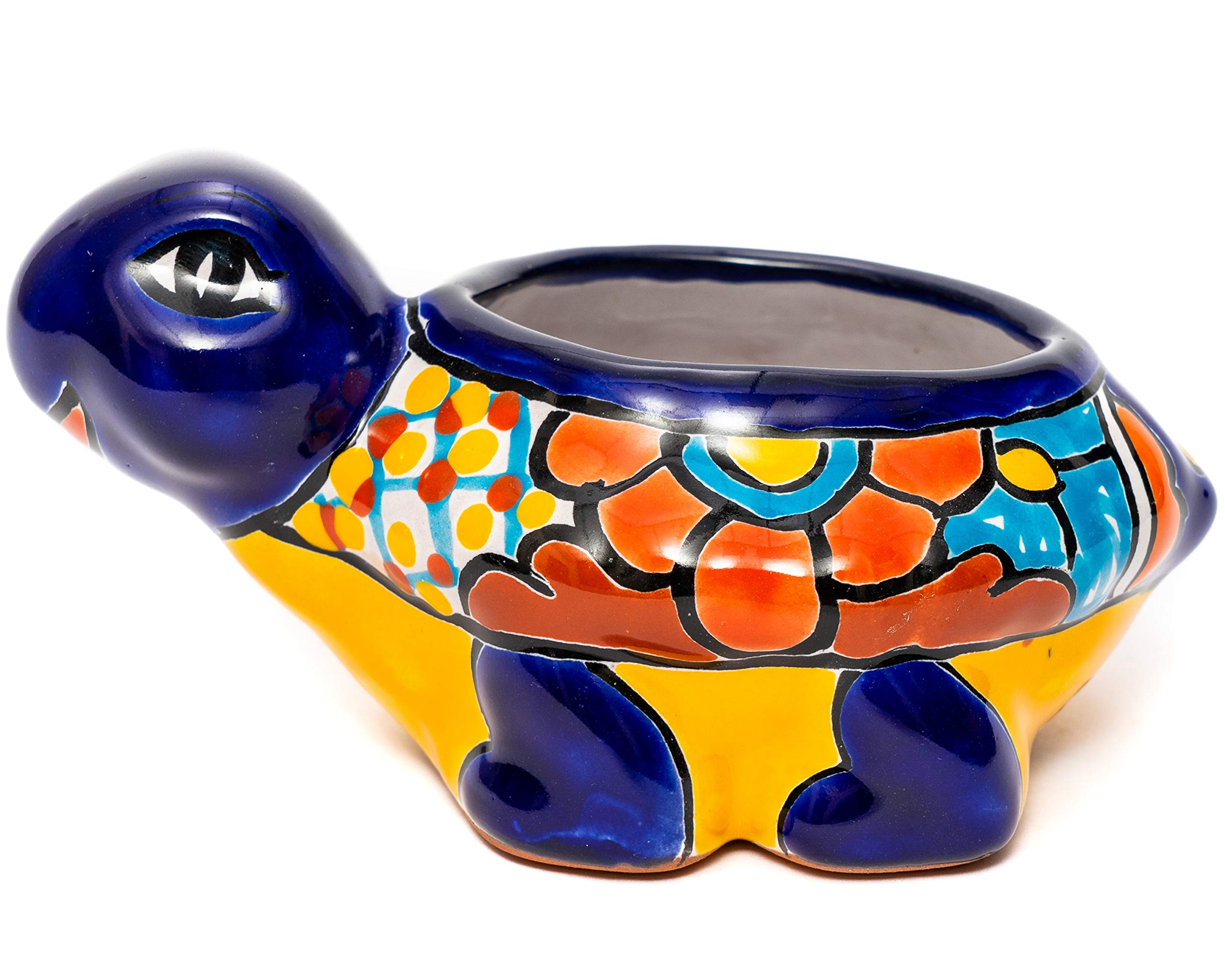 Enchanted Talavera Pottery Ceramic Turtle Succulent Planter Small Pot for Plants with Drainage Cactus Plant Pots Drip Dish Faux Plants Flower Vase Gift for Gardener (Cobalt)