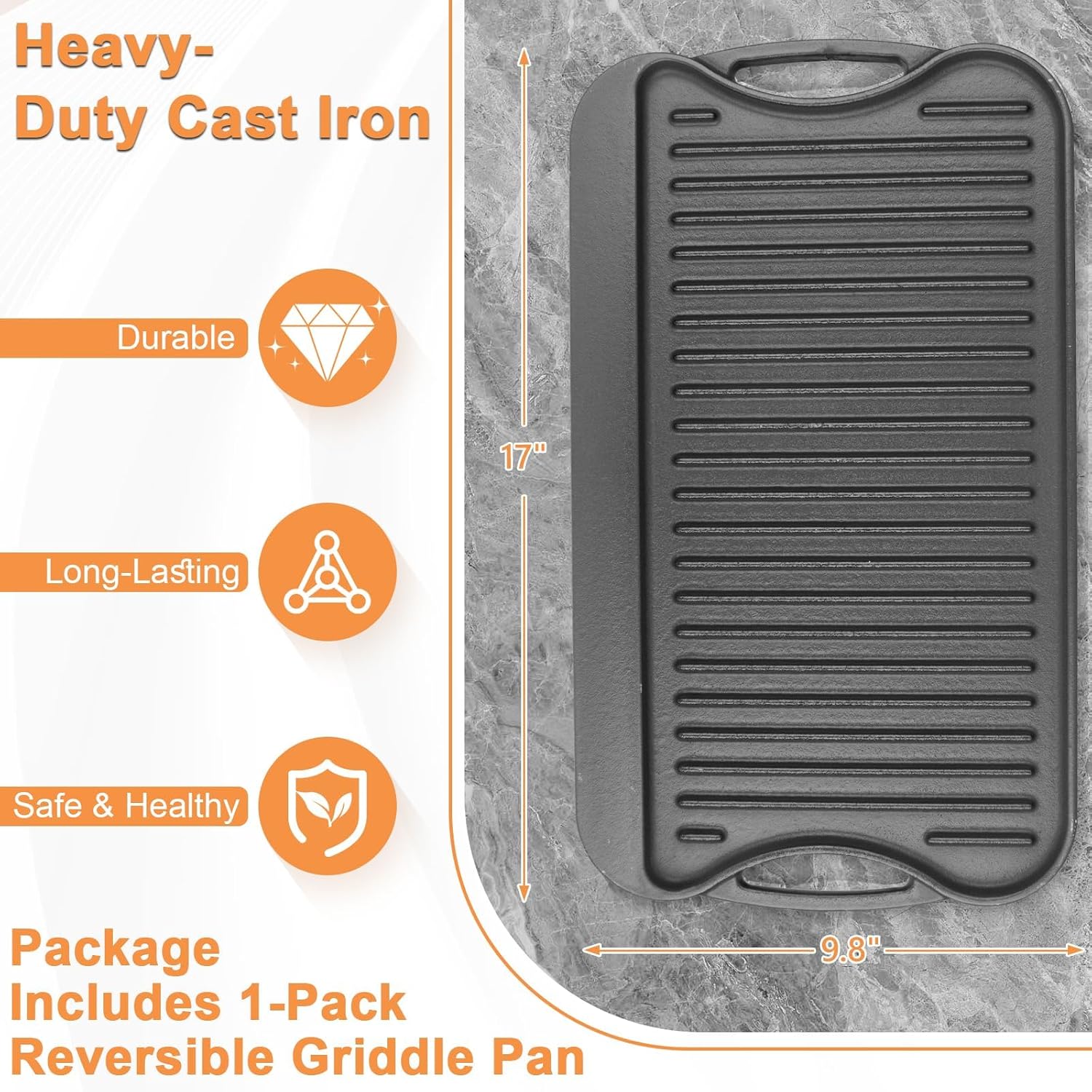 Large Cast Iron Griddle Insert, Skillet, Oblong Grilling Pan for Stovetop,Pre-Seasoned Stovetop Griddle Gas Stove Grill Plate Oven, 17" x 10" Reversible Pancake Pan for Weber,Charbroil etc.,1PC