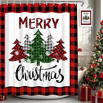 Buffalo Plaid Xmas Trees Shower Curtain Farmhouse Merry Christmas Shower Curtains Sets Red Grey Green White Design Bathroom Curtain 72x72 in with 12 Hooks