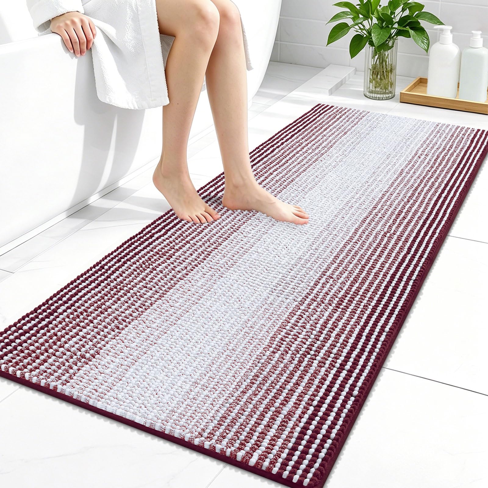 OLANLY Bathroom Runner Rugs 44x24, Chenille Striped Bath Rugs, Burgundy