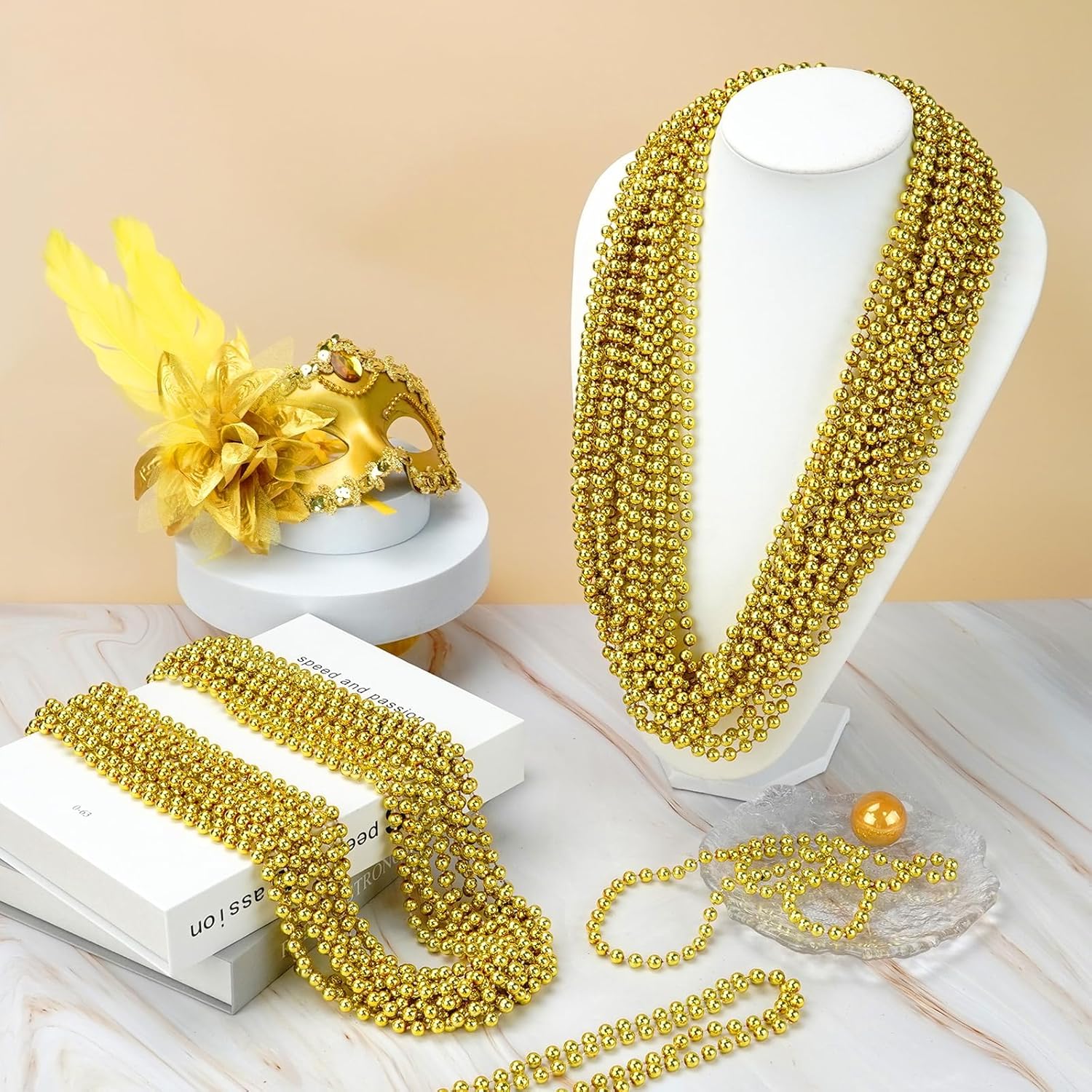 YAXINRUI 120 PCS Gold Mardi Gras Beads, Gold Bead Necklaces, Christmas Necklace, 33 Inch Round Beaded Necklace for Mardi Gras Party Christmas New Year Eve Festive Events, Party Favors - Image 6