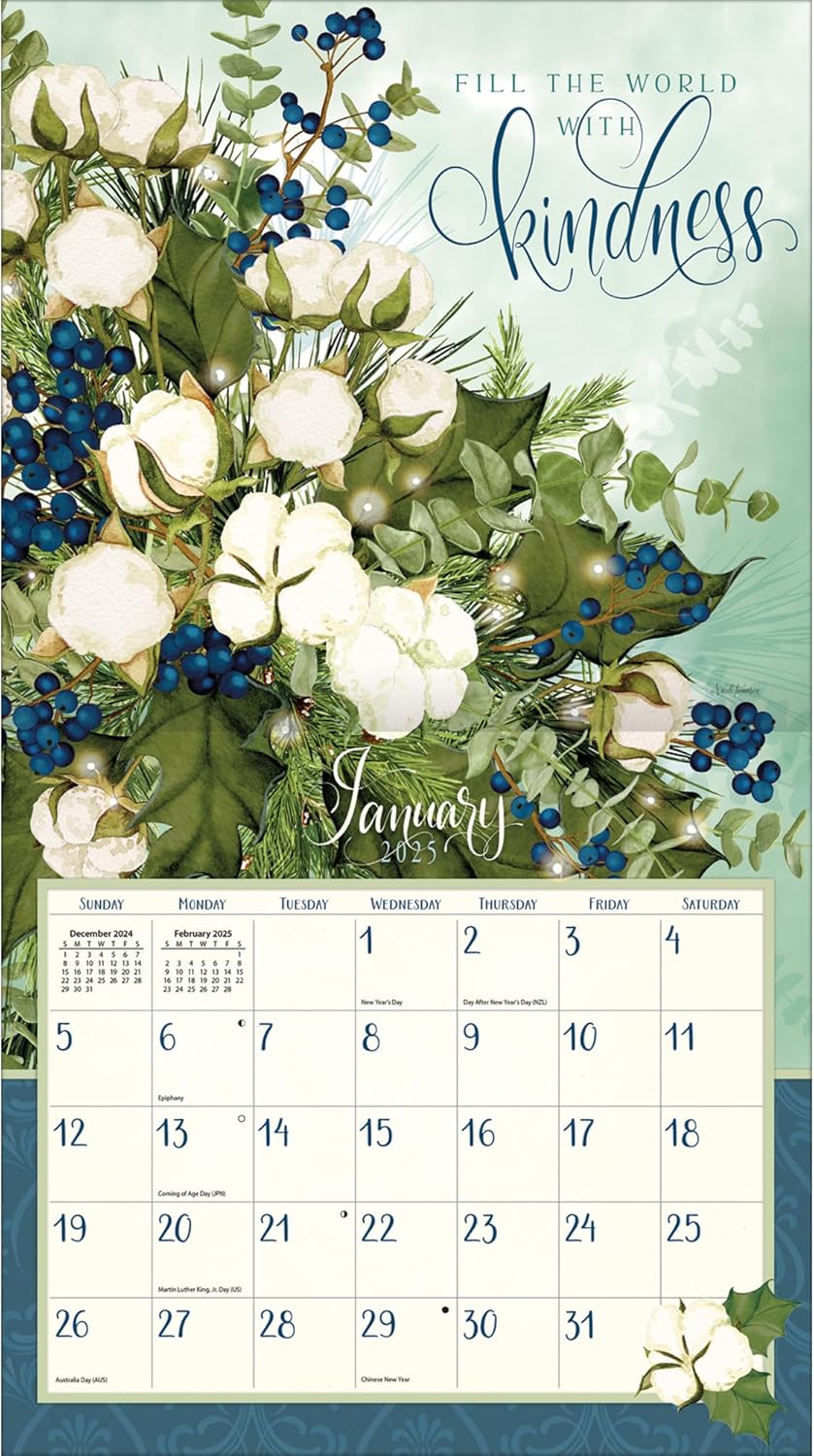 Close-up of the January 2025 page of the LANG Abundant Friendship Wall Calendar, showing the calendar grid and artwork.