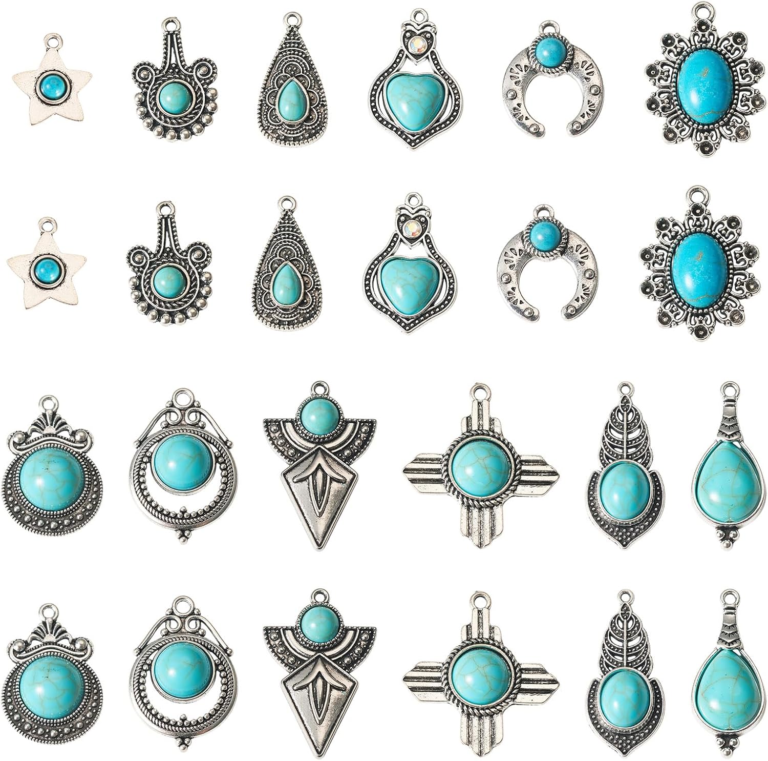 Pandahall 48Pcs Turquoise Charm Pendant for Jewelry Making Tibetan Turquoise Earring Charms Western Charm for Women Bohemian Earring Necklace Bracelet Jewelry Making