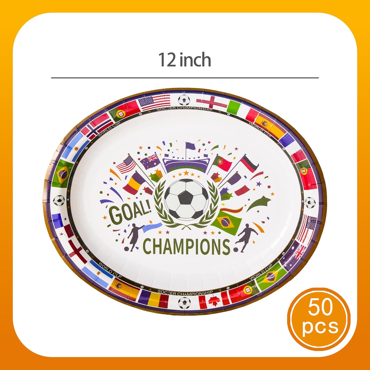 2026 World Cup Party Supplies - 50 Pack 12x10 Inch Large Paper Plates, Heavy Duty Disposable Dinnerware for BBQ, Tailgating & Soccer Watch Party, Cut-Resistant Paper Plates (White)
