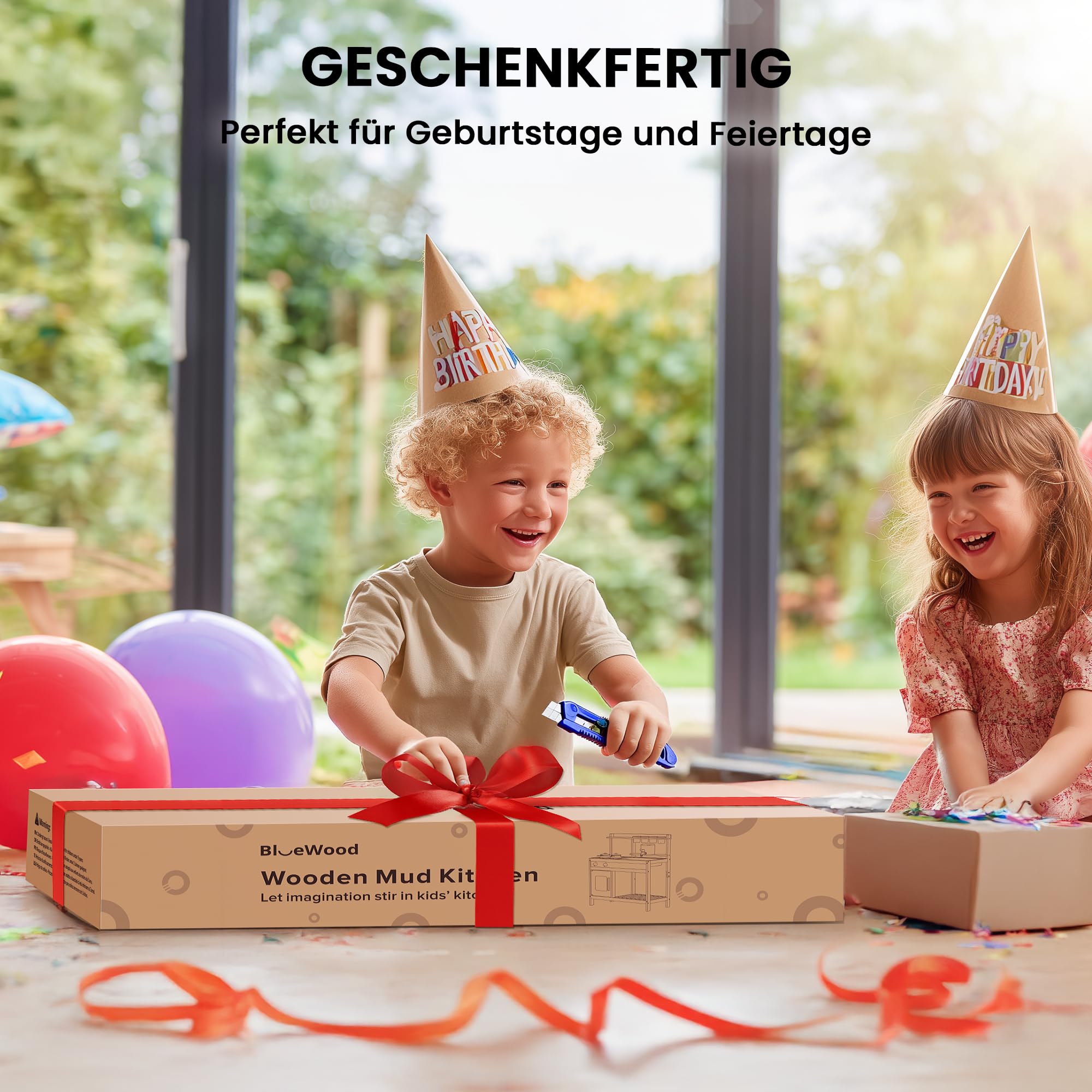 Cucina Giocattolo Montessori in Legno per Bambini | Cucina da Esterno BlueWood | Rubinetto Funzionante, Lavello Grande, Ripiani e Accessori | Gioco Educativo Sensoriale
