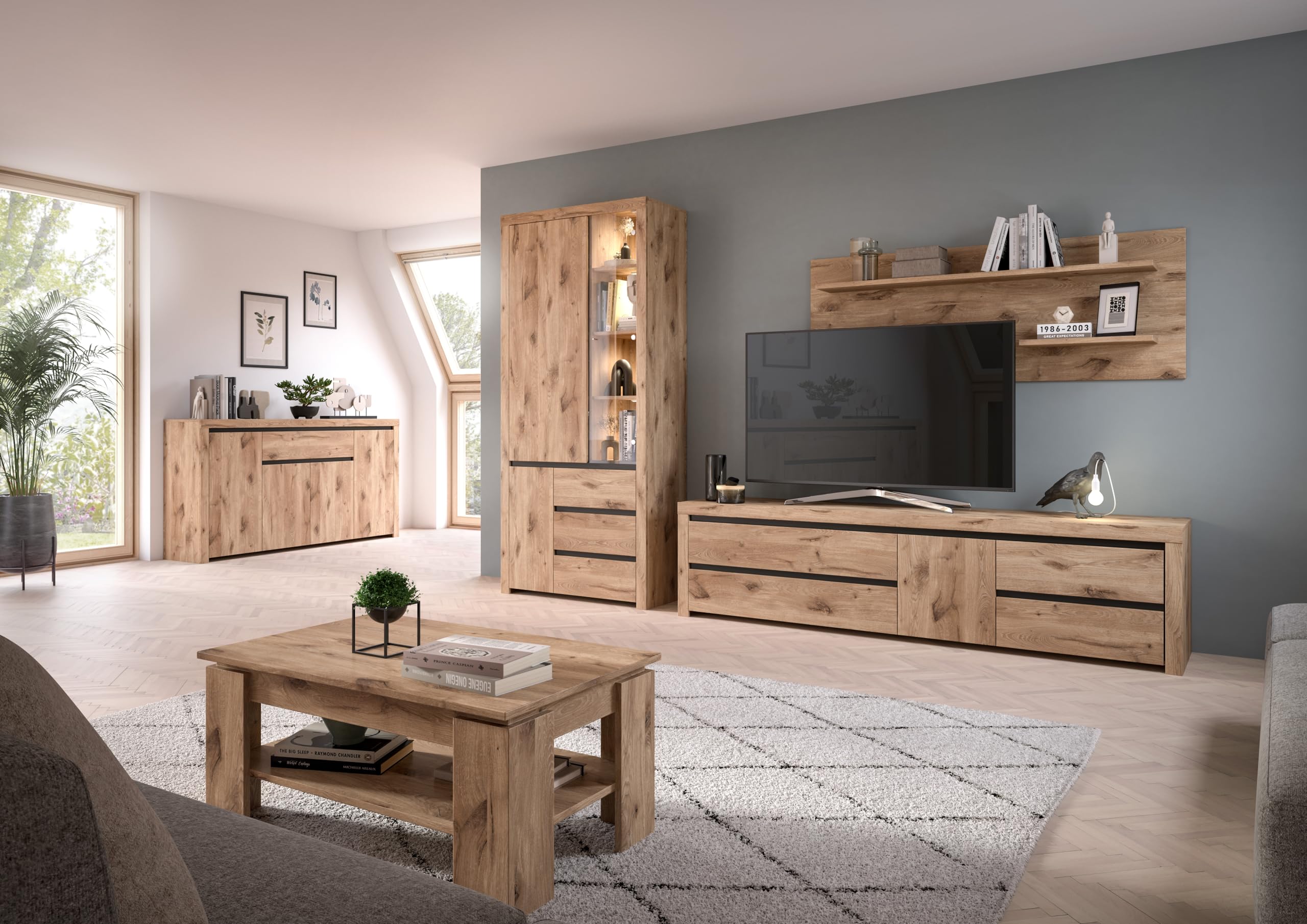 xonox.home Wohnen Woody X4LB9T52 Wandboard Wandregal Regal in Nox Oak Nb., ca. 160x60x20 cm