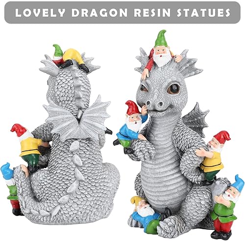 Miniatura 4 de Estatuas de gnomo de dragón para decoración al aire libre, juego de dinosaurios de 13 pulgadas con gnomos, estatua de jardín para decoración de