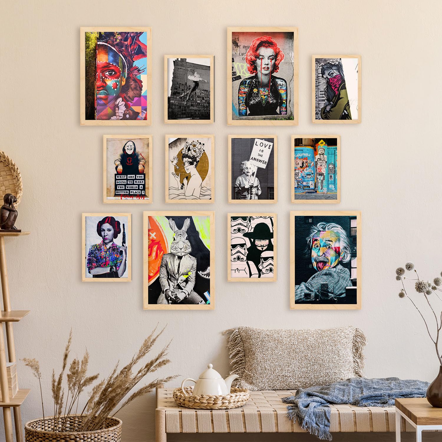 Nacnic Fusione Artistica: Set di 12-4 stampe Graffiti & Fotografia A3 e 8 stampe A4 in cornici di legno chiaro Poster d'arte per decorare le pareti.