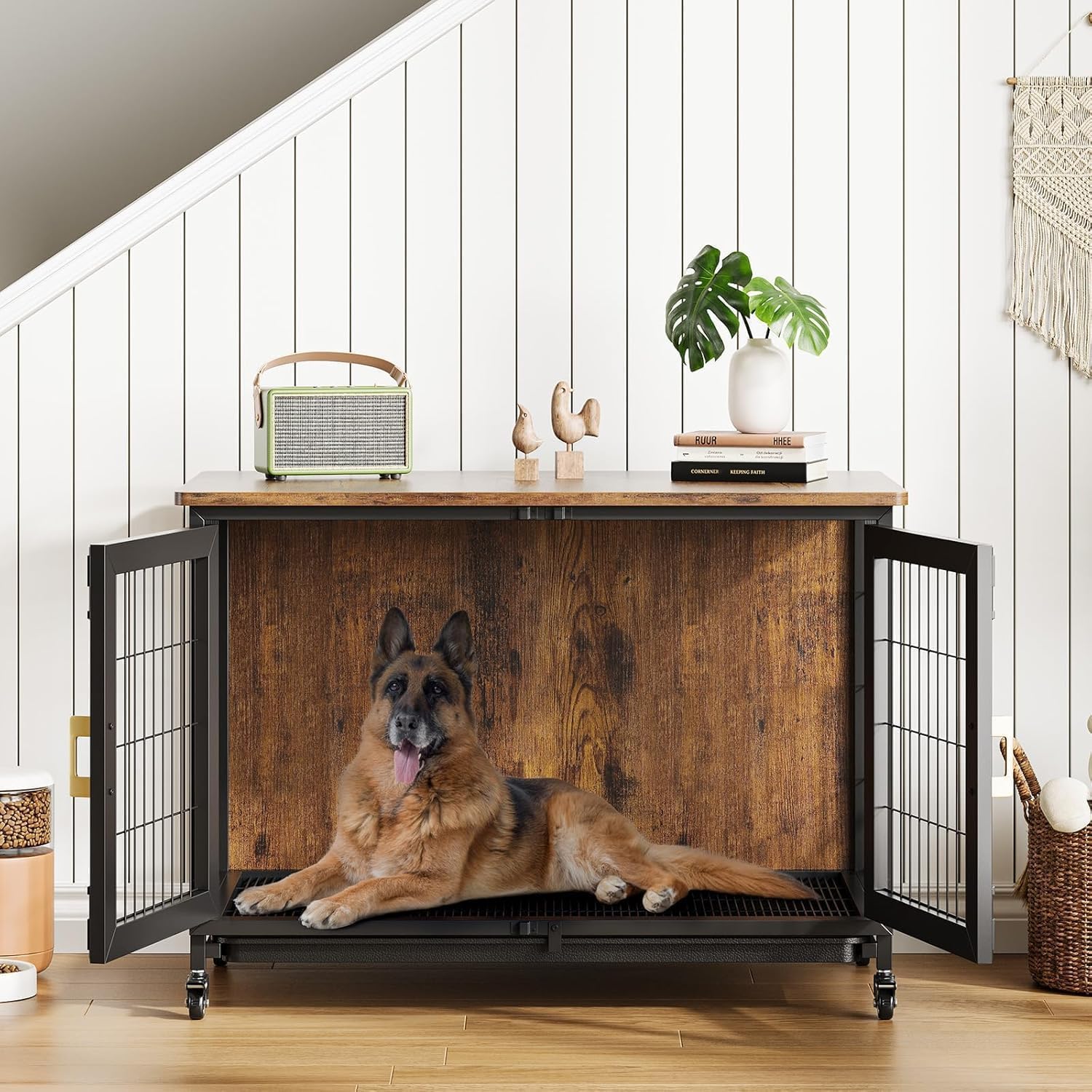 Cage pour chien de grande taille 95 cm - Caisses en bois XL - Cage d'intérieur avec roues verrouillables - Meuble robuste pour animaux de compagnie de petite à moyenne taille - 95 x 65 x 60 cm