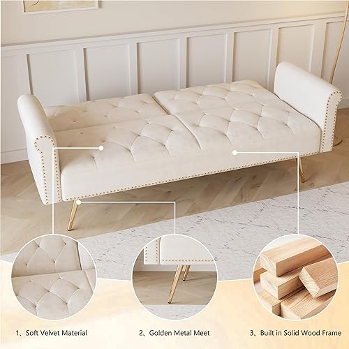 Miniatura 3 de Sofá cama tapizado de terciopelo, sofá cama convertible con dos almohadas para sala de estar, dormitorio, oficina en casa (beige)