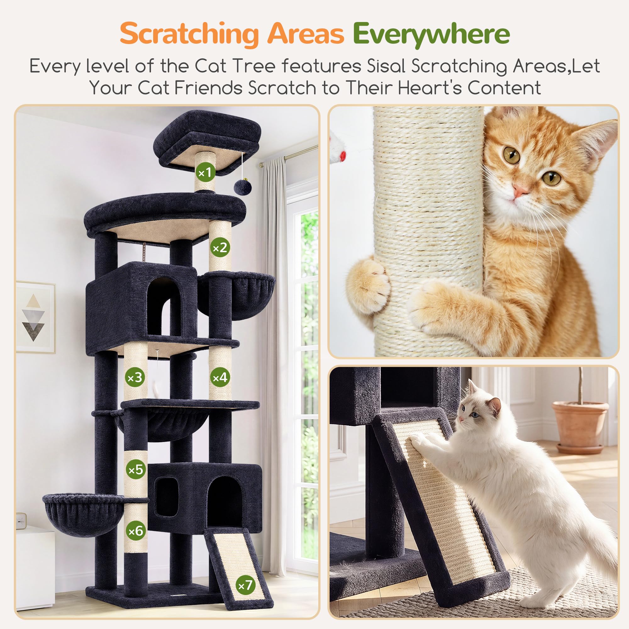 Globlazer Árbol Rascador XXL 209 cm para 2/3/4 Grande Gatos Interiores F82C | Estabilizar Árboles de actividades para gatos con Hamaca Rampa de sisal para Gatitos Gatos adultos Gatos mayores
