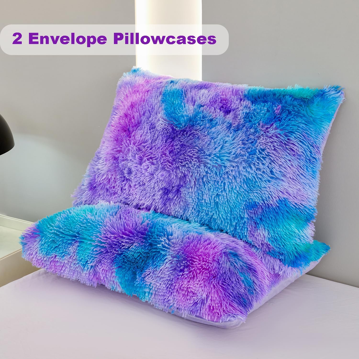 ZRNBAST Shaggy Duvet Cover Set Twin Size for Girls Boys Blue Purple Tie Dye Comforter Cover Set Faux Fur 3 PC Fluffy Soft Colorful Furry Bedding Set for All Season(Blue Purple,Twin) - Image 8
