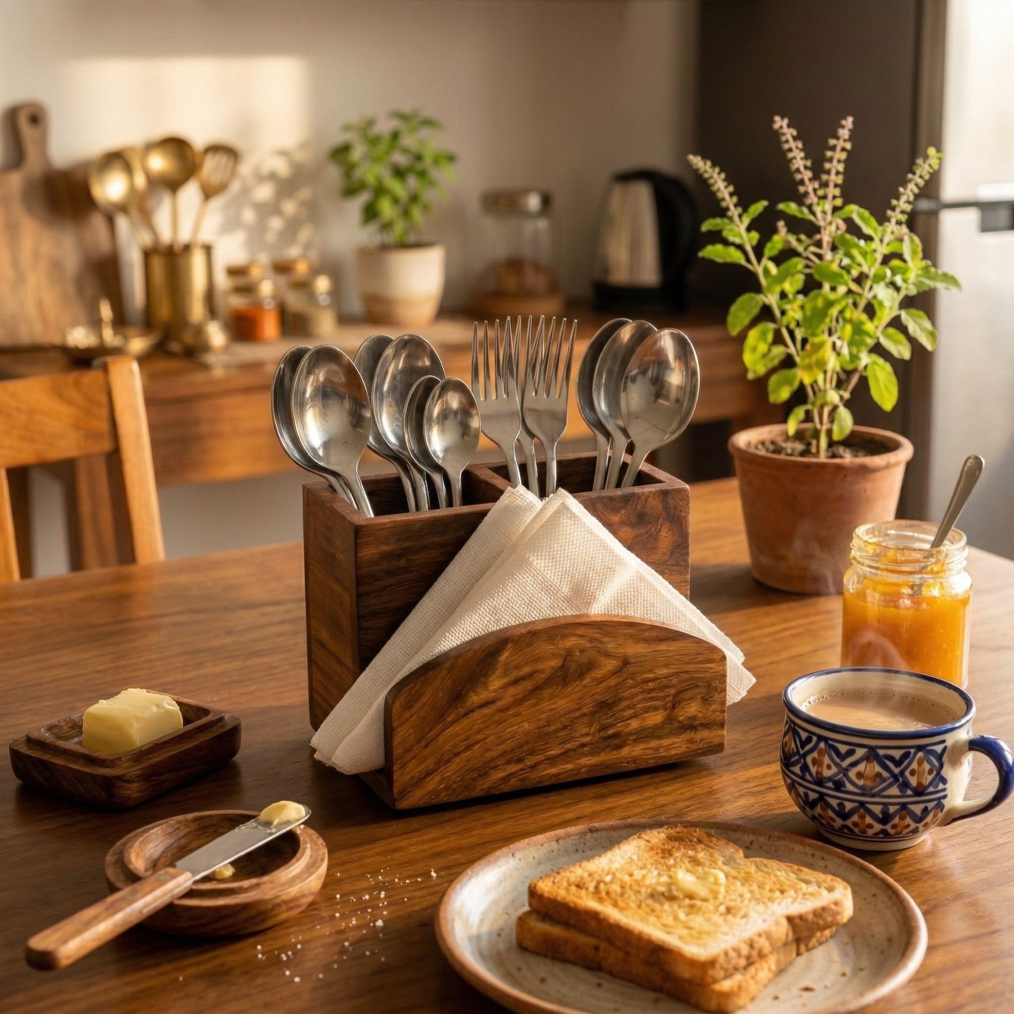 Wooden Cutlery Holder for Dining Table with Tissue Paper Stand | Mango Wood Spoon Fork Knife Organizer for Kitchen Counter | Rustic Cutlery Stand & Table Organizer for Home, Restaurant, Cafe-image-8