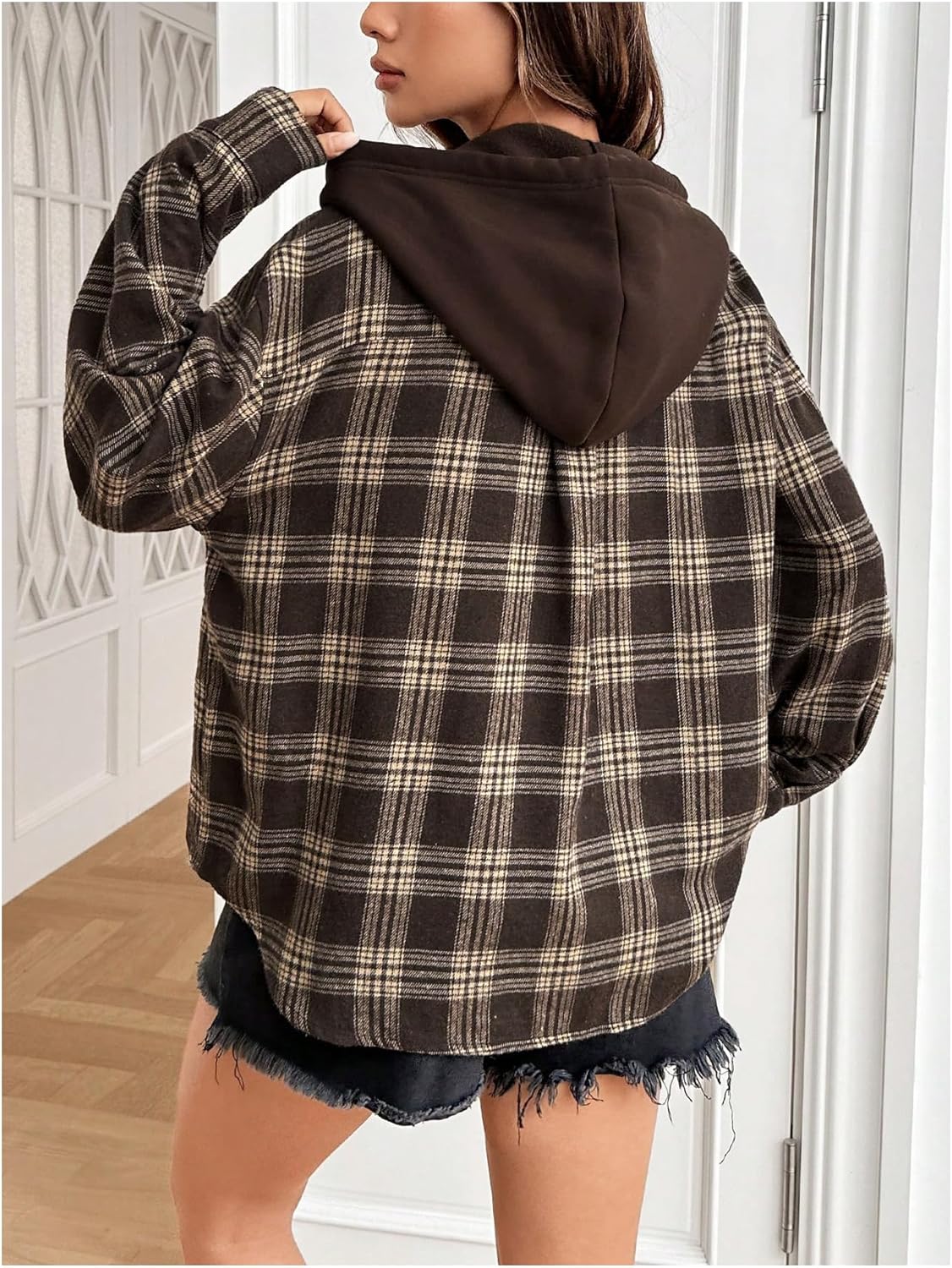 SweatyRocks Women's Plaid Hoodie Long Sleeve Jacket Button Down Casual Fall Shirts with Pocket - Image 3
