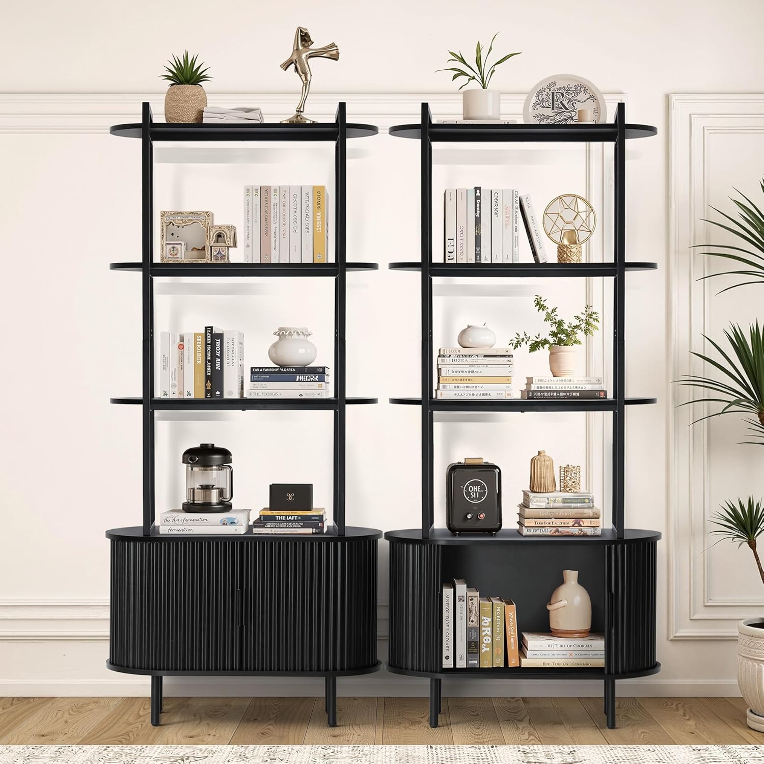 MAGIC UNION Bookshelf, 71" Tall Bookcase w/Storage Cabinet, Book Shelves Stand w/Fluted Sliding Doors, 4-Tier Open Display Shelf Organizer for Bedroom Living Room Home Office Bathroom (Black)