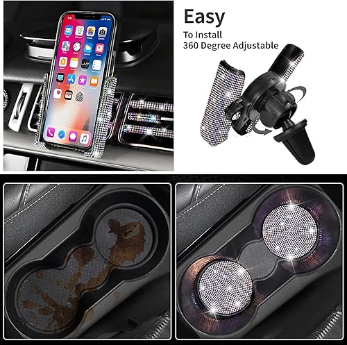 Miniatura 23 de CAR PASS - Juego accesorios de automóvil brillantes para mujer, fundas de asiento de cuero, diamantes imitación de 15 pulgadas, fundas para volante