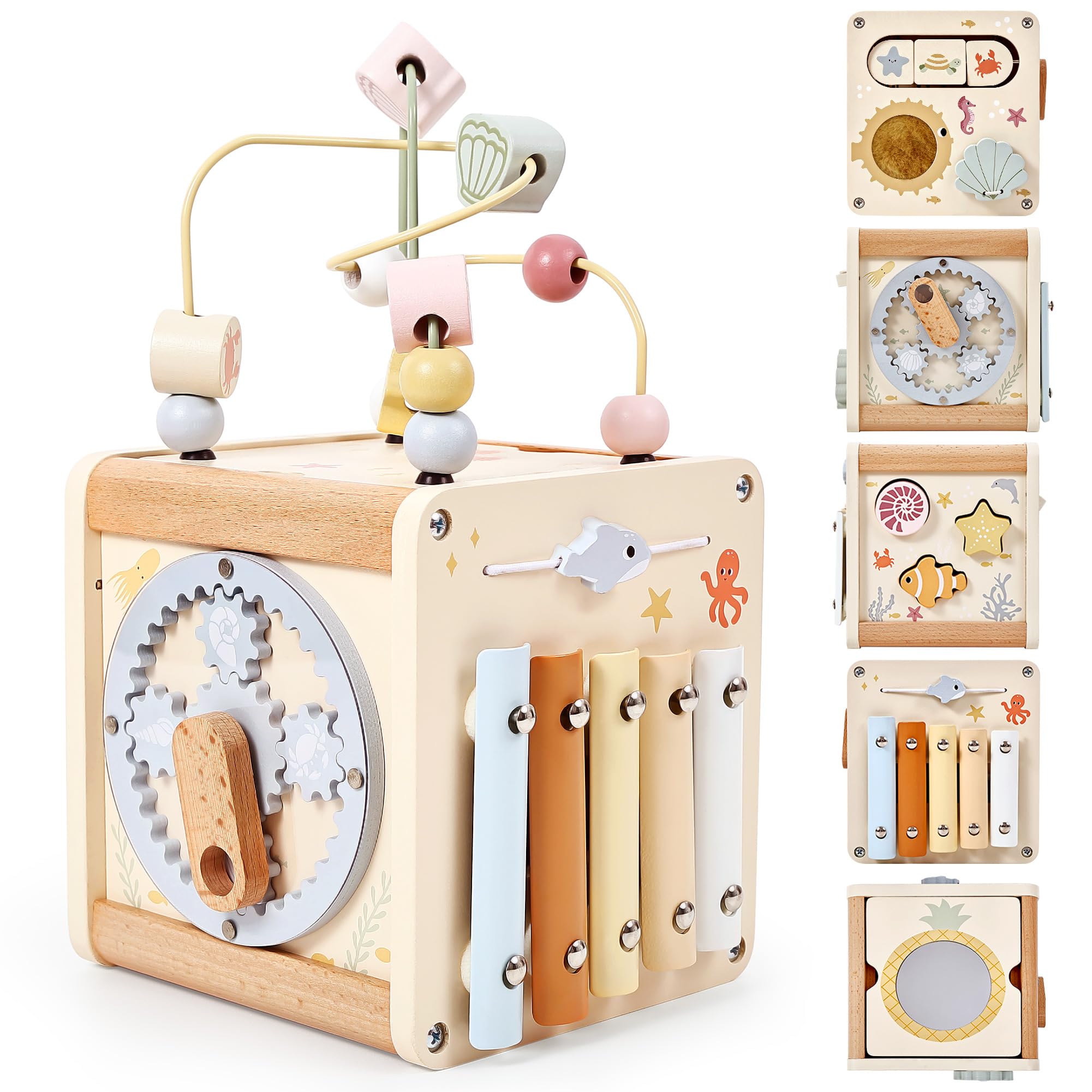 Pithfor Wooden Activity Cube, 6-in-1 Montessori Toy for 1 2 3 Year Old | 1st First Birthday Gifts for Baby Toddler, Fine Motor Skills Toys Gifts for One Year Old Girls Boys