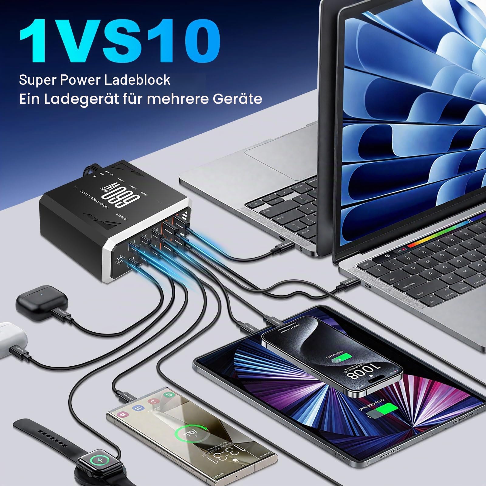 10 in 1 & 660W USB C Ladegerät Mehrfach, GaN III USB Schnellladegerät Mehrfach mit 6 x USB-C + 4 x USB-A, Power Delivery Ladestation USBC für MacBook Pro/Air, Phone, iPad, Galaxy mehr (Schwarz)