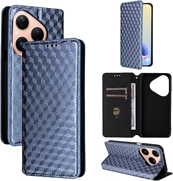 Compatible with Huawei Pura 90 Pro Max Flip Kickstand Magnetic Snap-Closure Card Slot Phone Case Blue