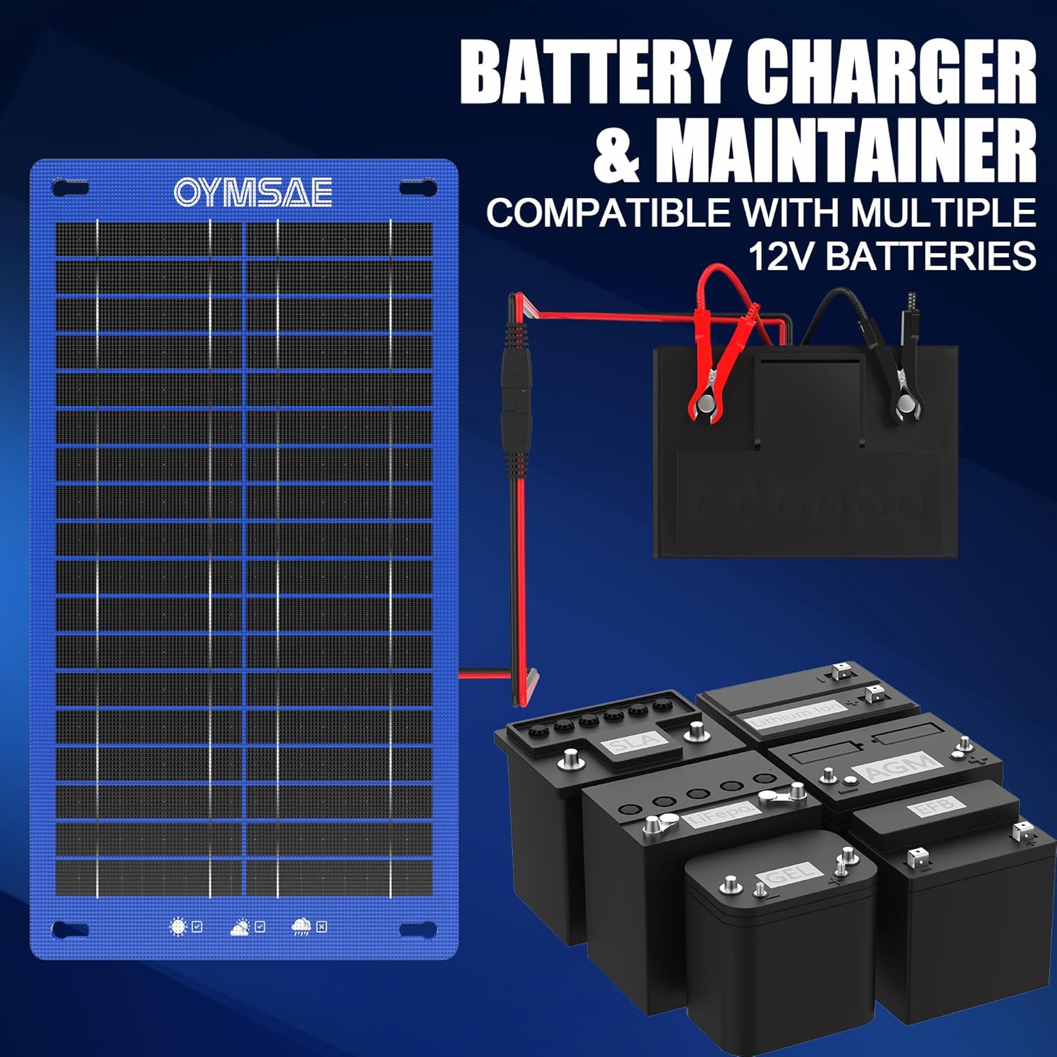 OYMSAE 12V 15W Solar Trickle Charger & Maintainer - Waterproof Battery Charger with Smart Controller for Car Boat RV Truck Marine - Includes Cigarette Plug & Alligator Clips