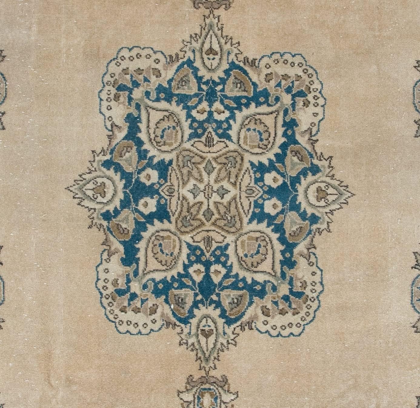 7.7x11.3 Ft Vintage Oushak Area Rug in Beige and Blue Colors, Hand-Knotted Carpet Made in Turkey. Y165