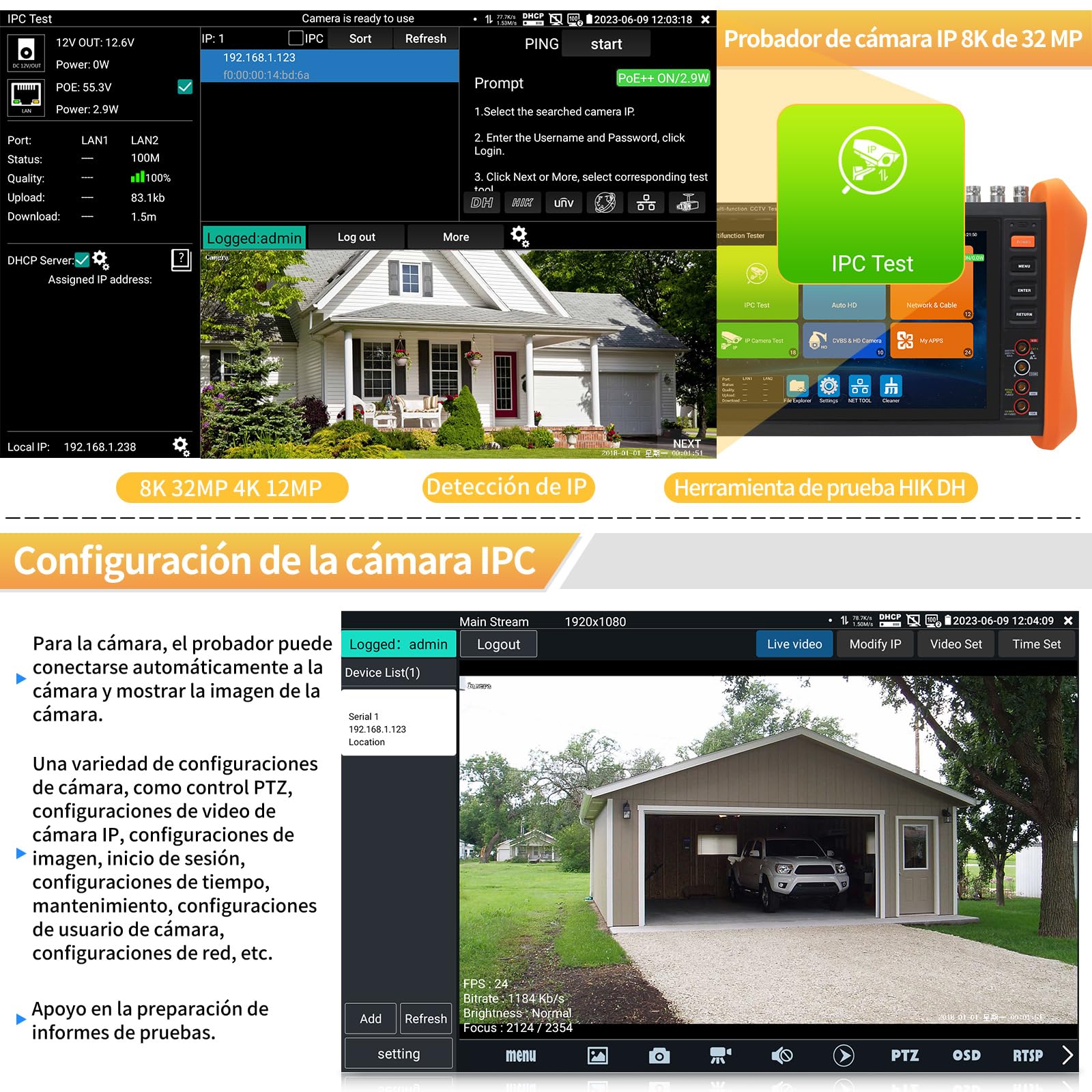 Henkion IPC-H12-MOVTADHSEF CCTV-Kameratester 8-Zoll-IPS-Touchscreen-Monitor CCTV-Tester unterstützt 8K IPC-Test und 4K TVI CVI AHD SDI-Kameratests SFP DMM OPM TDR POE HDMI VGA WiFi RS485