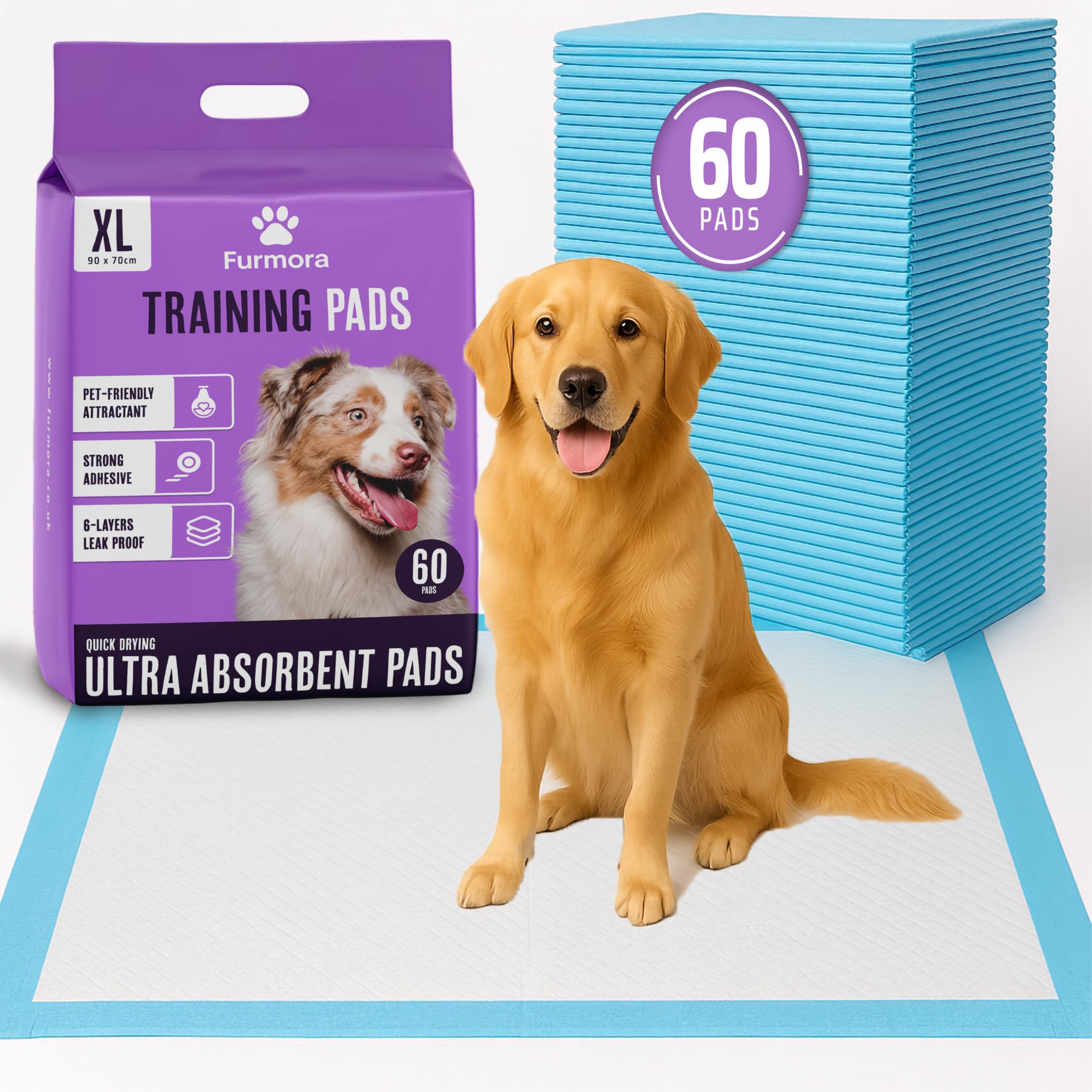 Furmora Light Blue Extra Large Puppy Pads 90 X 70 Cm, Pack Of 60, Pee Pads For Dogs Potty Training With Leak-Proof Quick-Dry Design, 6-Layer Puppy Training Pads