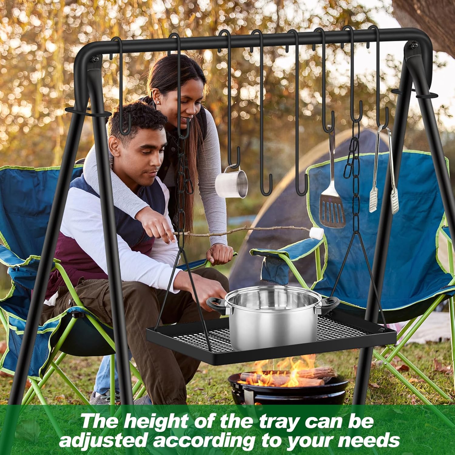 Campfire Swing Grill Stand Adjustable Campfire Cooking Equipment Camping Accessories Cookware Hanging Rack with 8 Hooks and Portable Grill Stand for BBQ Picnic Outdoor Party