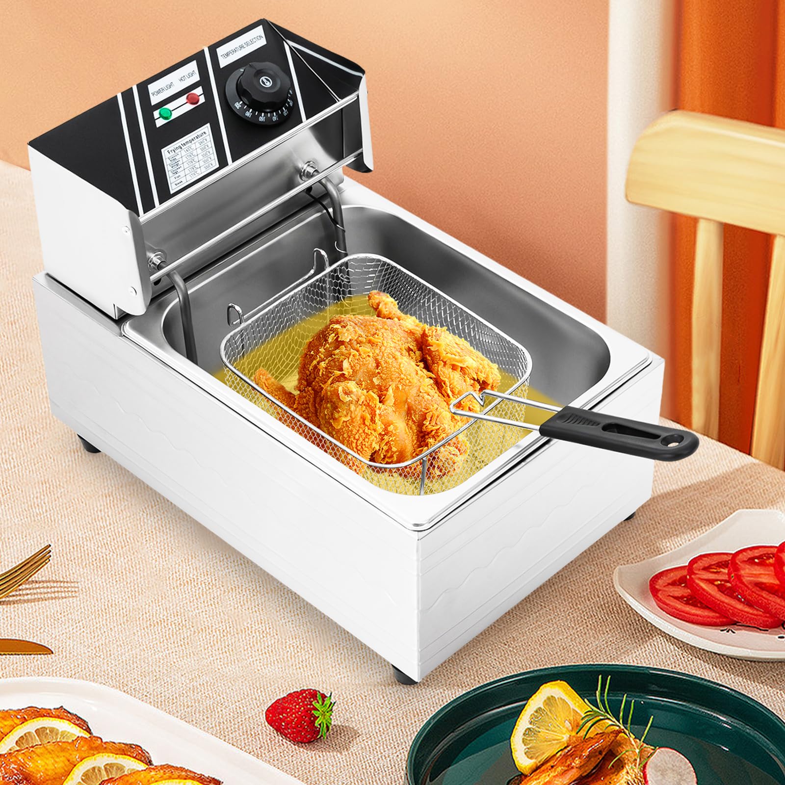 Friggitrice elettrica da 6 l, 2500 W, in acciaio inox, friggitrice elettrica, temperatura regolabile, con scolapiatti dell'olio e coperchio in acciaio inox, con termostato automatico
