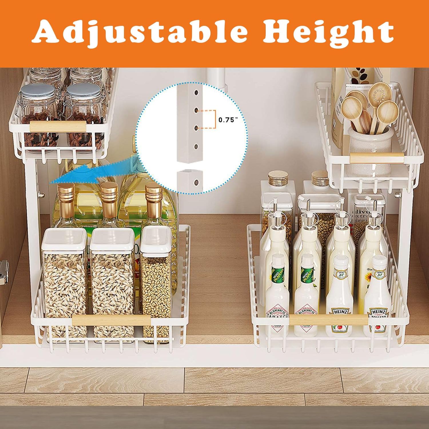 2 Pack Under Sink Organizer Cabinet for Kitchen Bathroom, 2 Tier Metal Slide Out Under Sink Drawers, Adjustable Height, Under Sink Pull Out Organizers and Storage, White,13.7" H-17 H