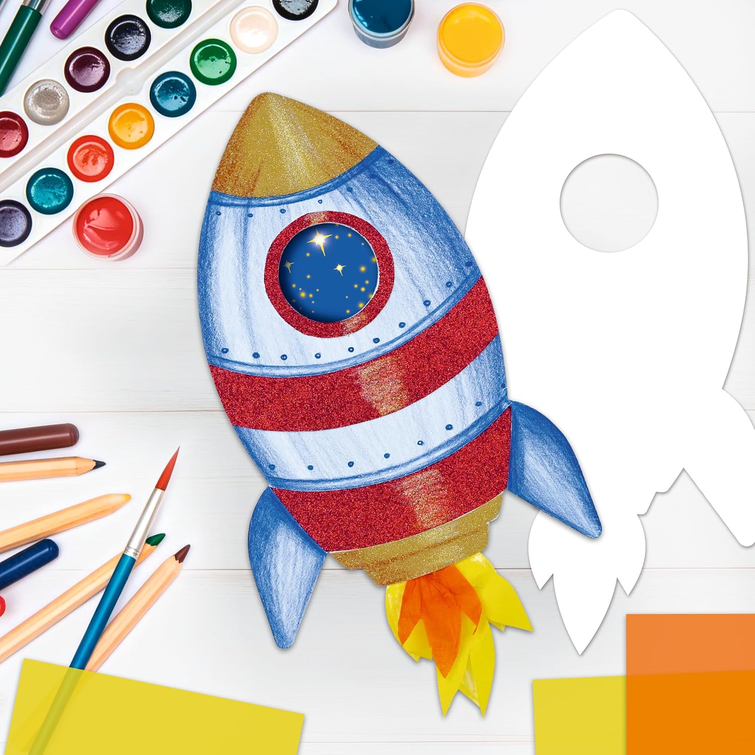 Ursus 1712 00 13F Blank Motifs Rocket, 20 Pieces Made of 300 g/m² Photo Cardboard, 23 x 23 cm, DIY Craft Paper for Colouring, Gluing, Cutting and Designing Yourself