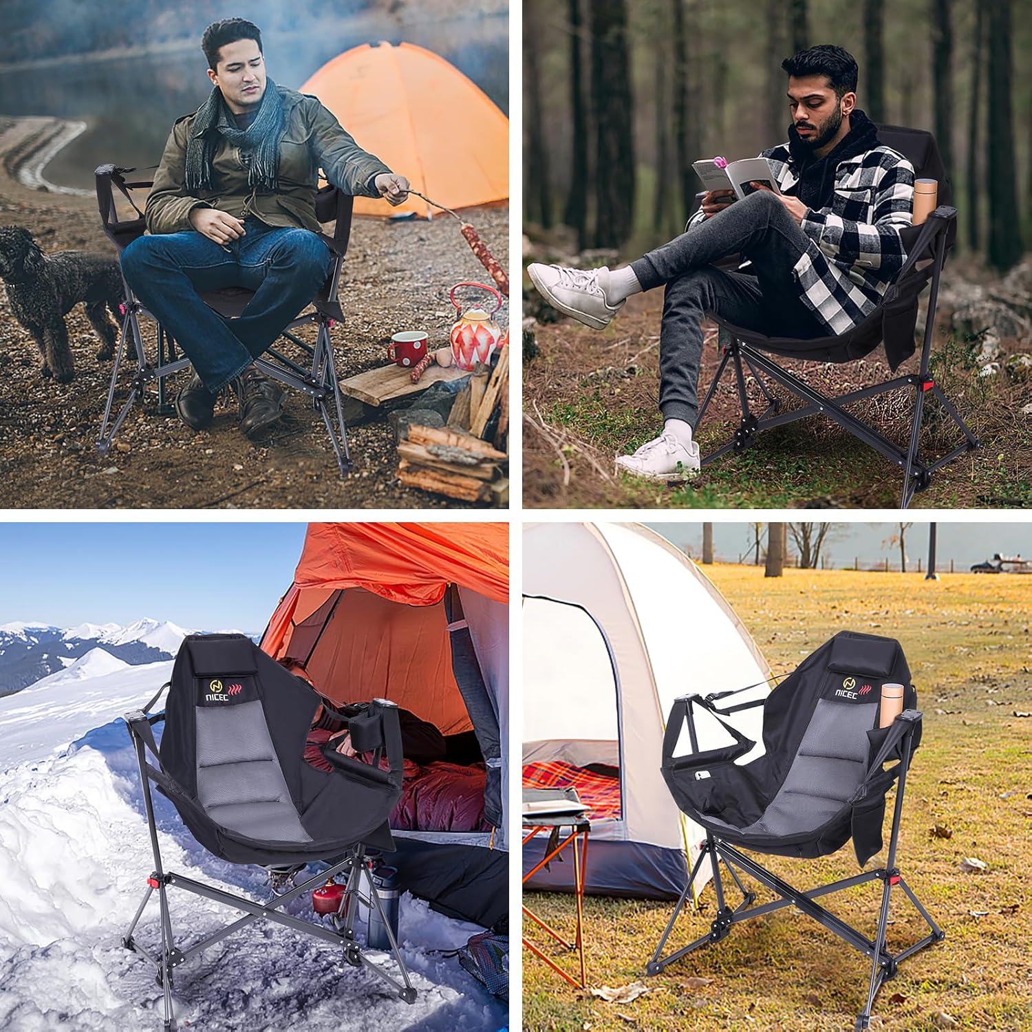Nice C Heated Hammock Camping Chair, Swing Chair, Folding Rocking Chair, Camping Chair, High Back with Stand, Cup Holder, Side Pocket, Heavy Duty 10000mAh Power Bank Included (Set of 2)