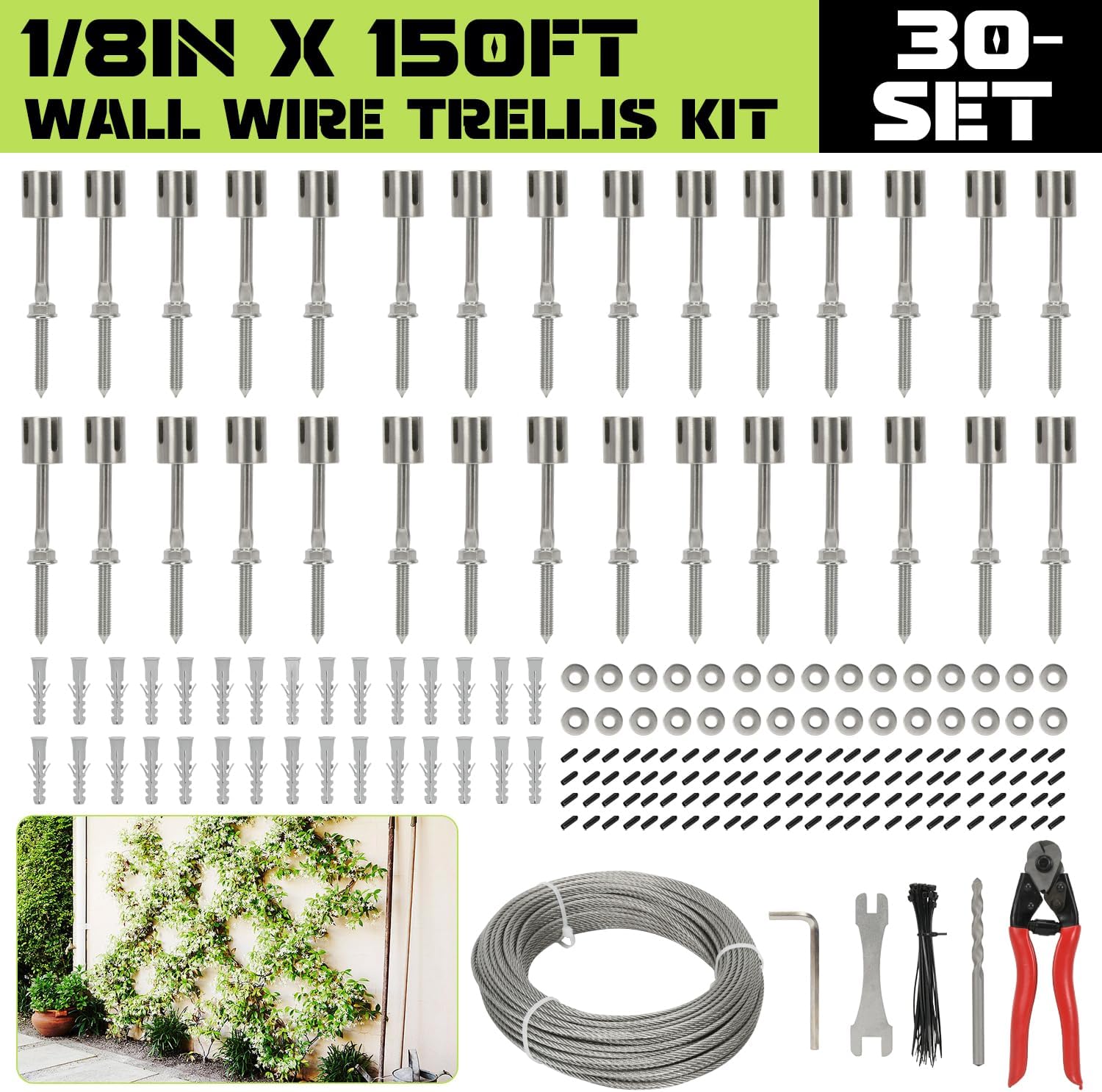 Wire Trellis for Climbing Plants Outdoor, 30-Set Wall Wire Trellis Kit with 1/8" x 150ft Stainless Steel Cable and Cutter, T316 Espalier System for Fence Garden DIY on Brick Concrete Wood Walls