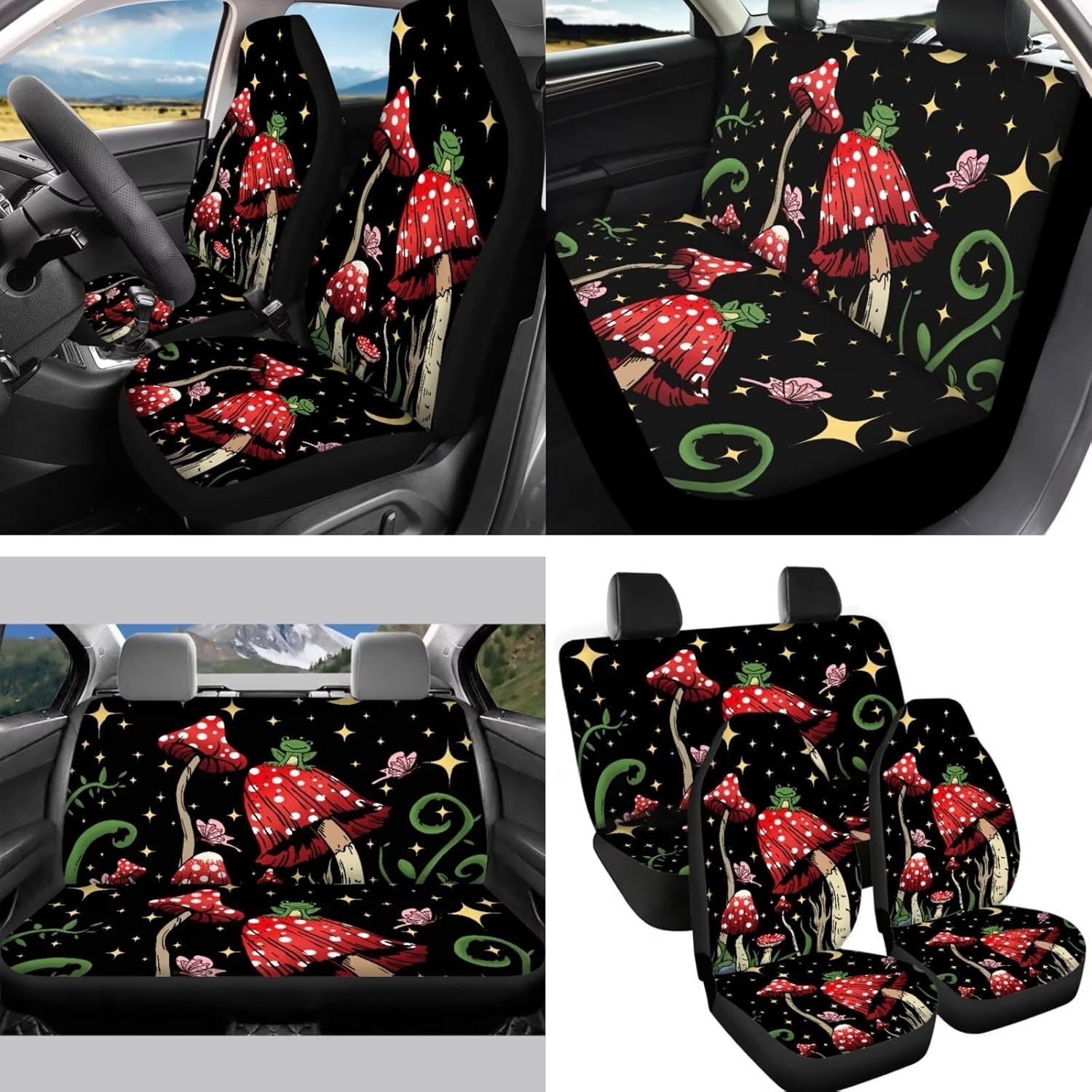 Set of 14 Cute Frog Mushrooms Car Seat Covers Full Set Wild Cottagecore Mushroom Steering Wheel+ Mushroom Coasters+Keychain+Mirror Cover+Gear Shift Knob Handbreak Cover Universal Fit