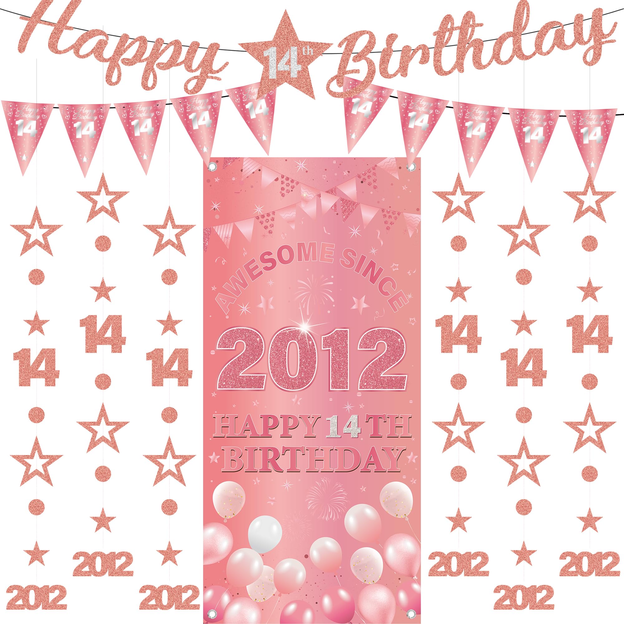 14th Birthday Decorations Girls Banners - 9 Pcs Rose Gold Happy Birthday Banner Awesome Since 2012 Curtain Twinkle Star Dot Hanging Streamer Pennant for Girl 14 Years Old Party Wall Decor Supplies