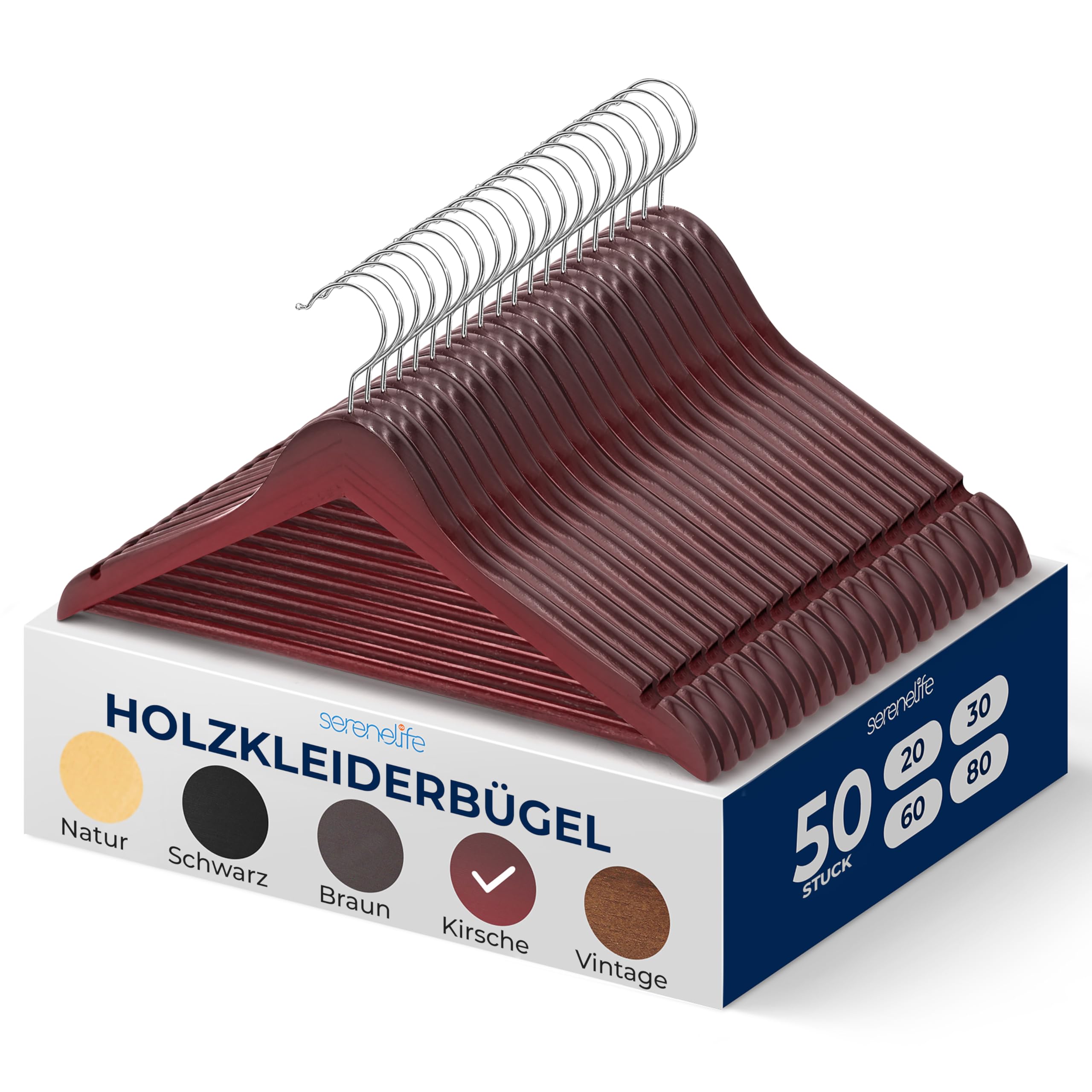 SereneLife Holzkleiderbügel, 50 Stück- Bügel für Kinder & Erwachsene, Robuste & rutschfeste Hangers bis 4.5Kg, 360° drehbarer Haken, Einkerbungen im Schulterbereich, Ideal für Anzüge, Jacken & Mäntel