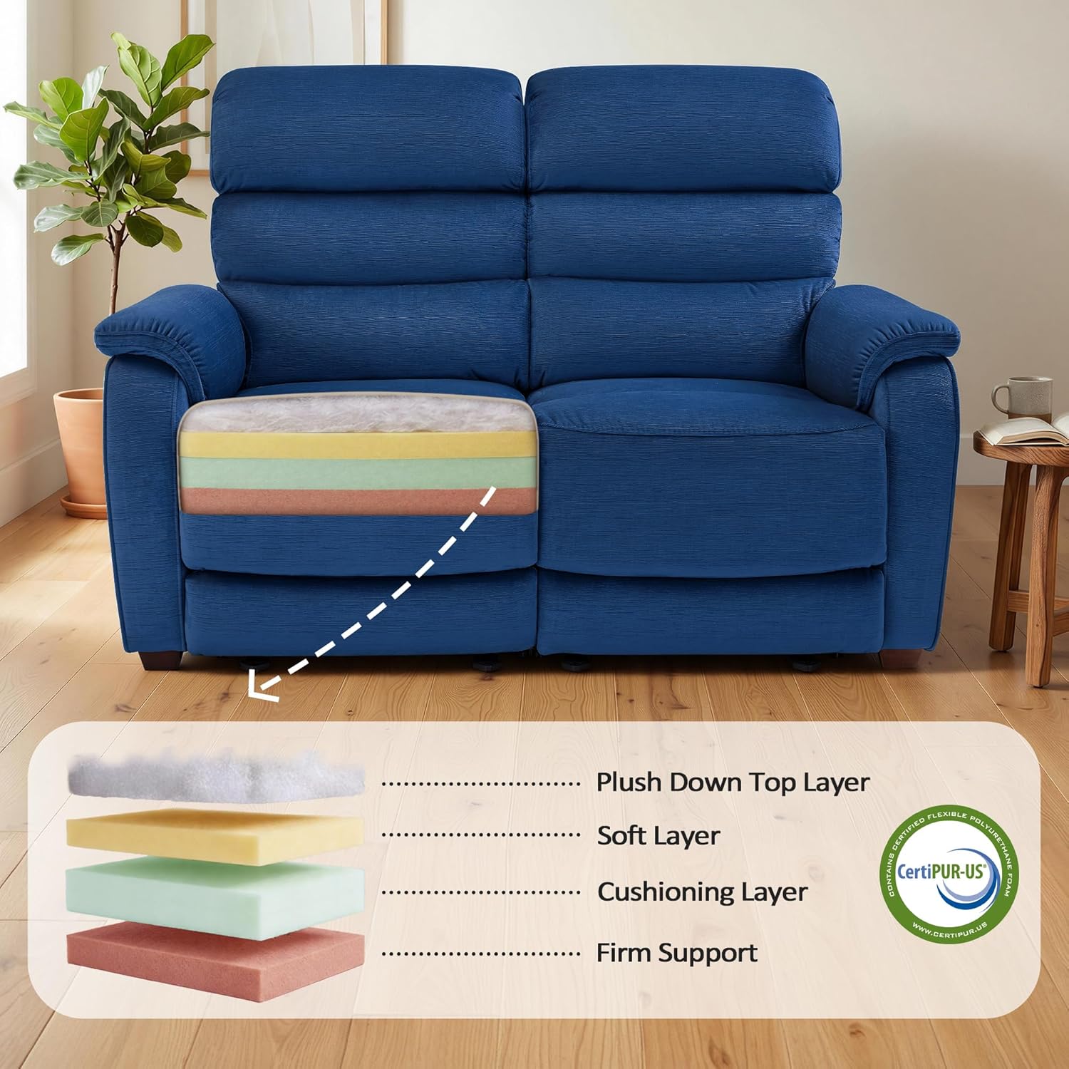 MCombo 61.6'' Wall Hugger Power Loveseat Recliner, Reclining Loveseat with Adjustable Headrest, USB Charge Ports, Wood Legs for Living Room, RVs, Small Spaces, Fabric ST258M1 (Loveseat, Navy Blue)