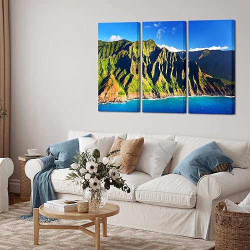 Miniatura 3 de Biuteawal Lienzo grande de 3 paneles Hawaii, arte de pared de la costa de Na Pali Kauai, impresiones en lienzo verde y azul, naturaleza, isla