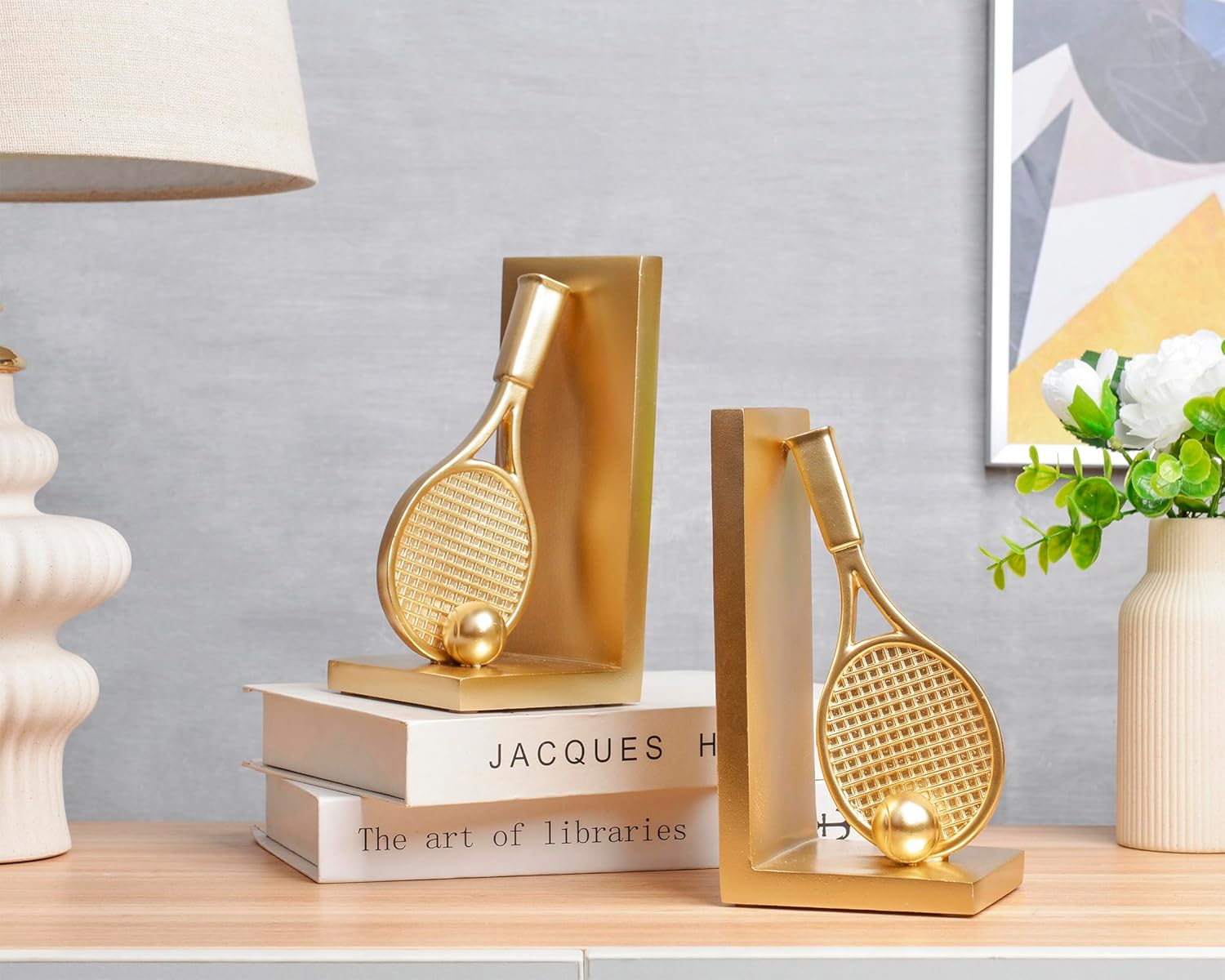 Modern Decorative Gold Bookends for Shelves,Book Ends for Heavy Books,Unique Tennis Racket Book Stopper Decor for Desk Home,Non-Slip Book Holder Shelf Decor, for Tennis Lovers