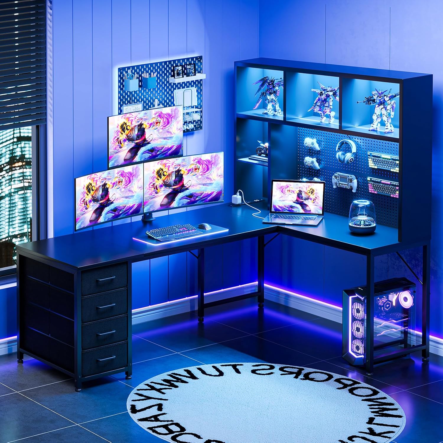 AODK 63" L Shaped Gaming Desk with Hutch, Pegboard & Shelves, L Shaped Desk with 4 Drawers, Integrated LED Light Strip & Power Outlets, Reversible PC Gaming Computer Desk, Black